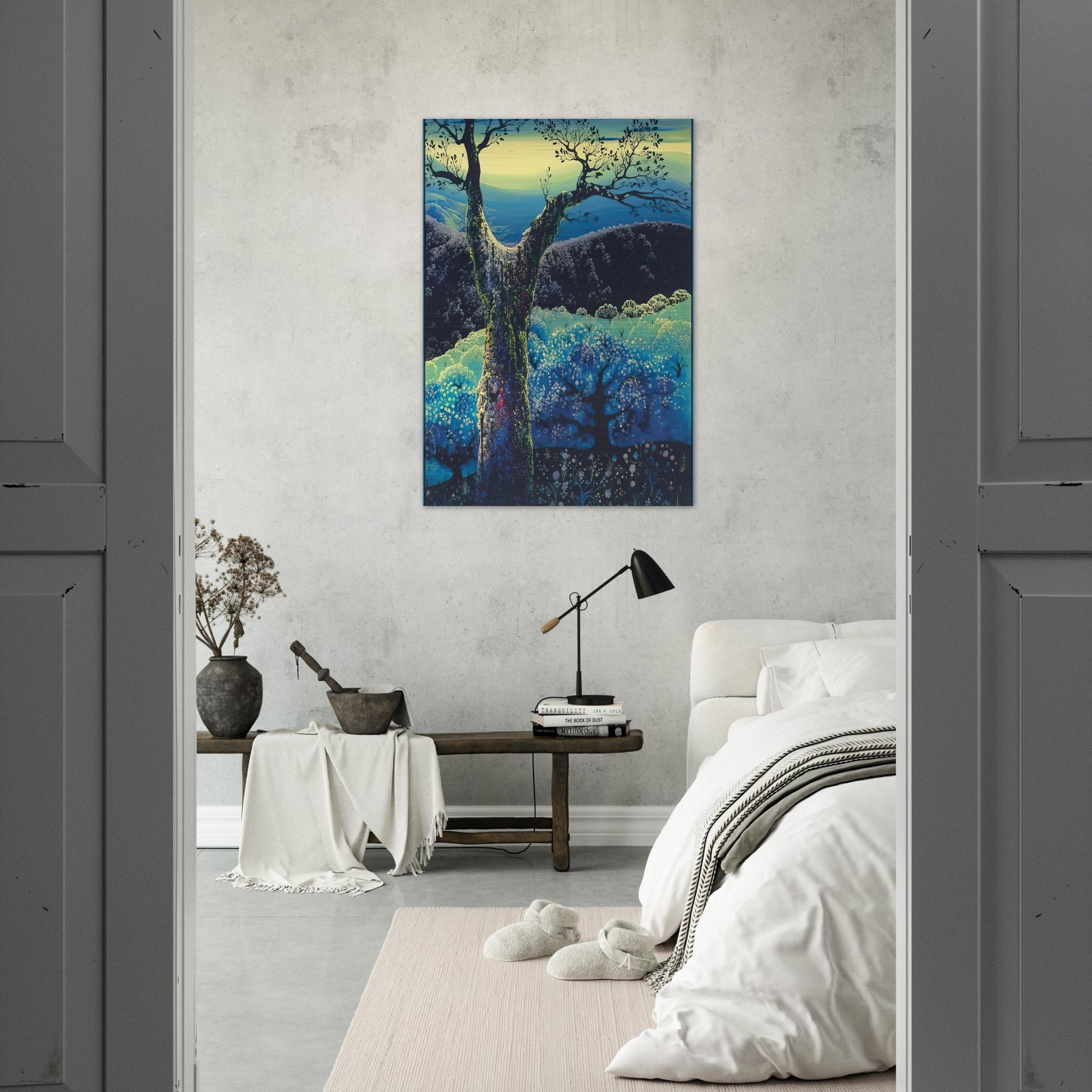 Orchard in Bloom - Eyvind Earle Brushed Aluminum Print - 70x100 cm / 28x40 inches | Eyvind Earle Aluminum Print | Eyvind Earle Prints
