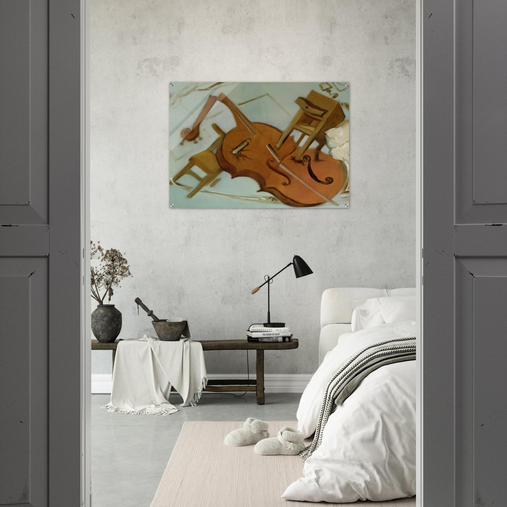 BED CHAIR AND BEDSIDE TABLE FEROCIOUSLY ATTACKING A CELLO - Salvador Dali Acrylic Print - 70x100 cm / 28x40″ inches | Salvador Dali Wall Art | Salvador Dali Prints