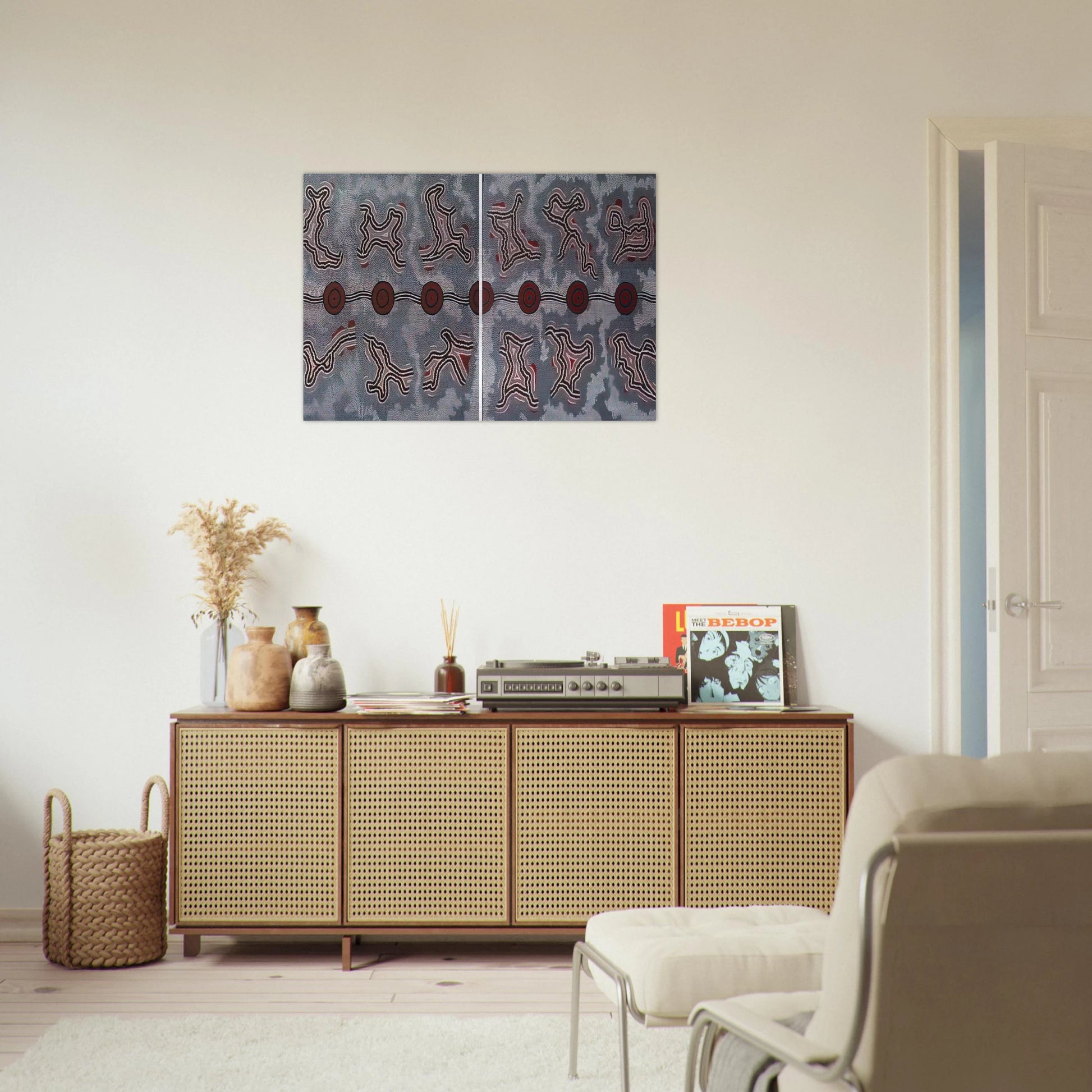 Narripi Dreaming Diptych - 1990 - Clifford Possum Tjapaltjarri Brushed Aluminum Print - 70x100 cm / 28x40 inches | Clifford Possum Tjapaltjarri Aluminum Print | Clifford Possum Tjapaltjarri Prints