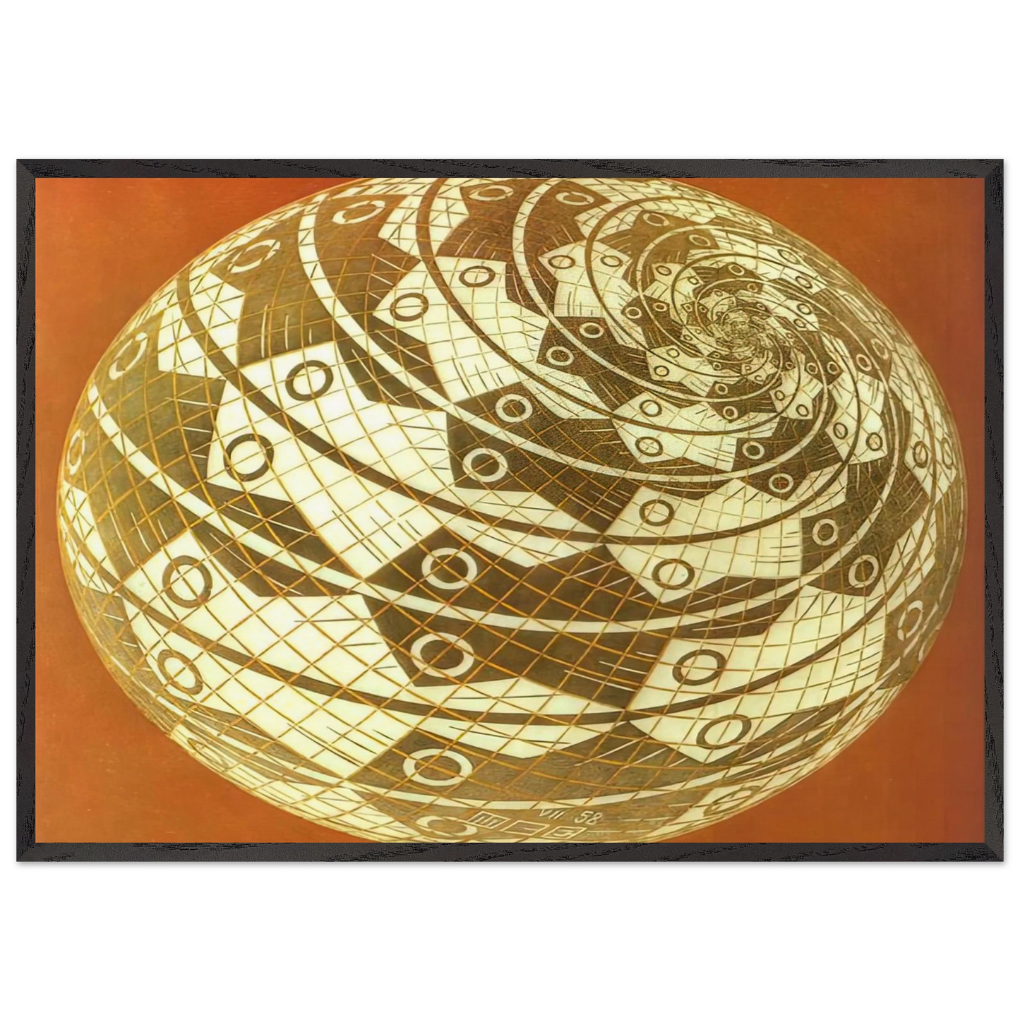 SPHERE SURFACE WITH FISHES COLOUR - MC Escher 70x100 cm / 28x40 inches Framed Art Print – Black Wooden Frame | Maurits Cornelis Escher Prints