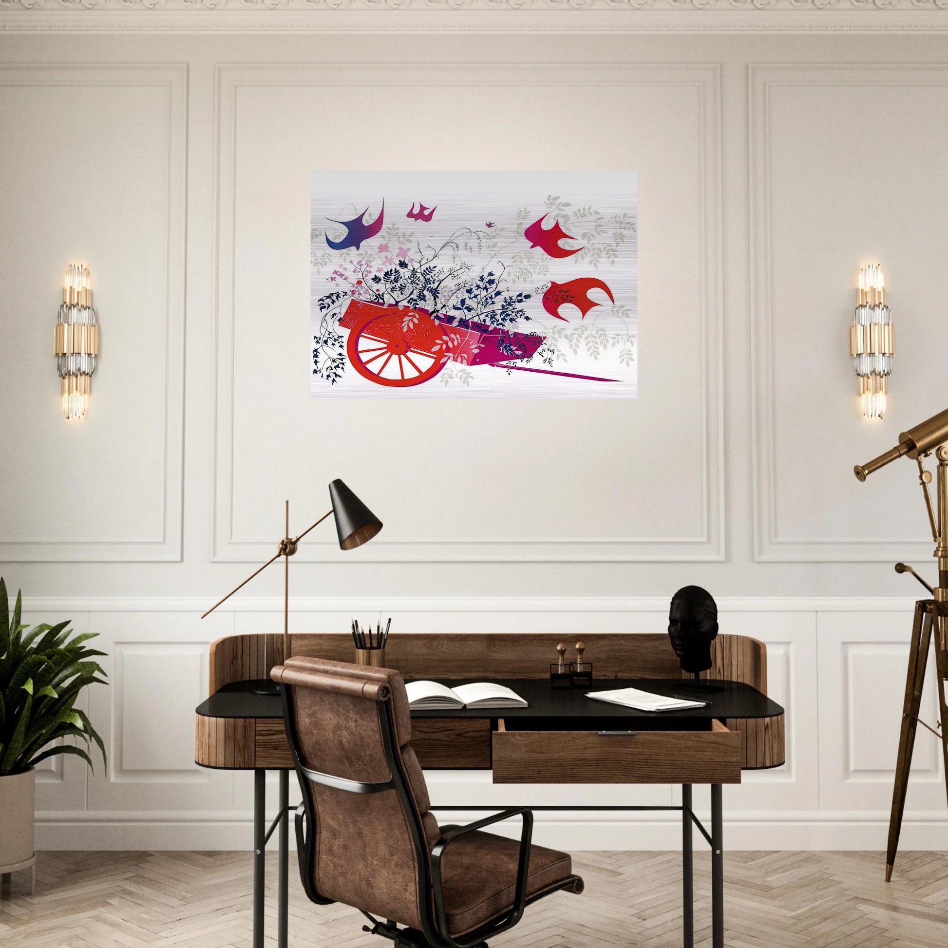 Red Wagon & Foliage - Eyvind Earle Brushed Aluminum Print - 70x100 cm / 28x40 inches | Eyvind Earle Aluminum Print | Eyvind Earle Prints