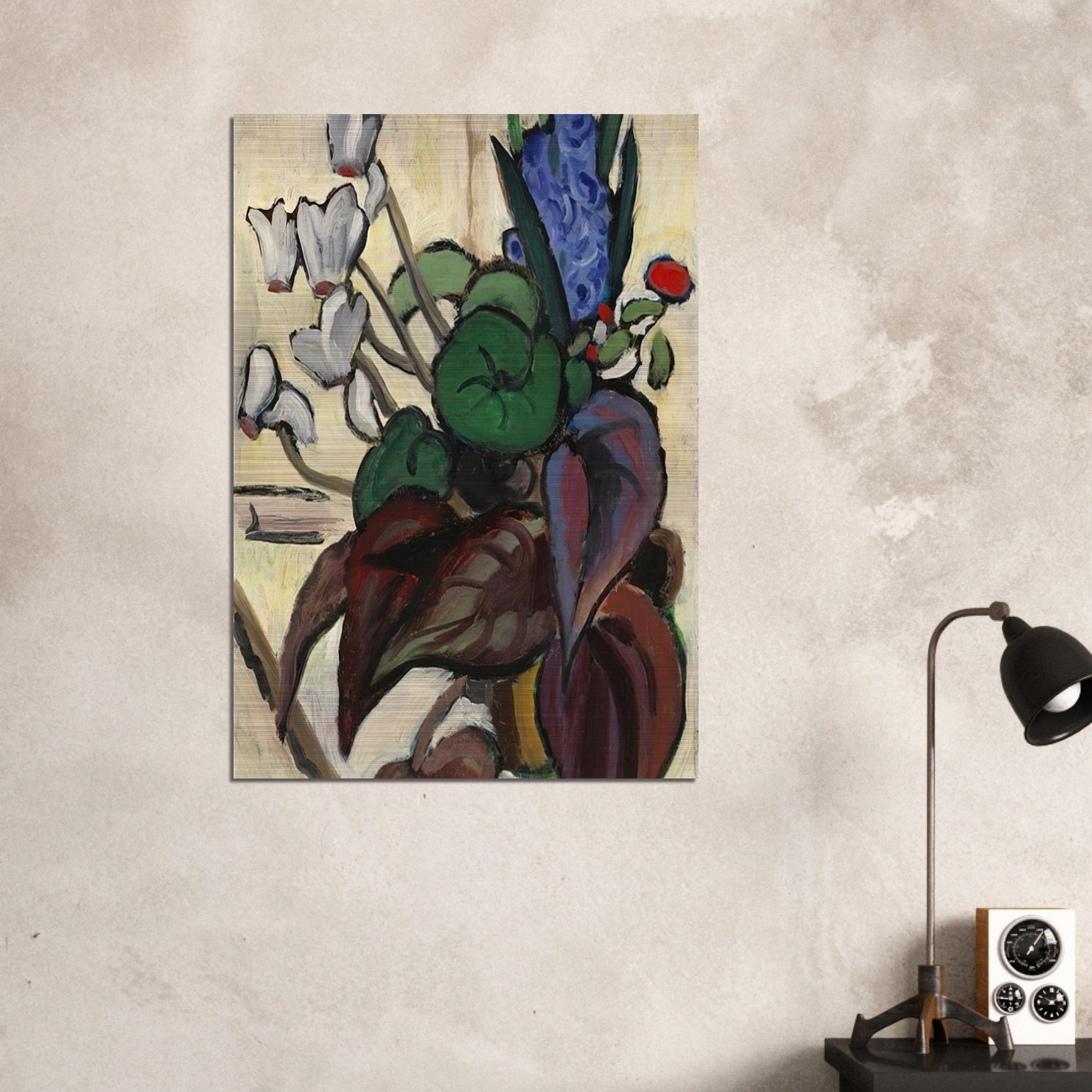 BLUMEN AUF WEI ZYKLAMEN UND HYAZINTHE 1934 - Gabriele Munter Brushed Aluminum Print - 70x100 cm / 28x40 inches | Gabriele Munter Aluminum Print | Gabriele Munter Prints