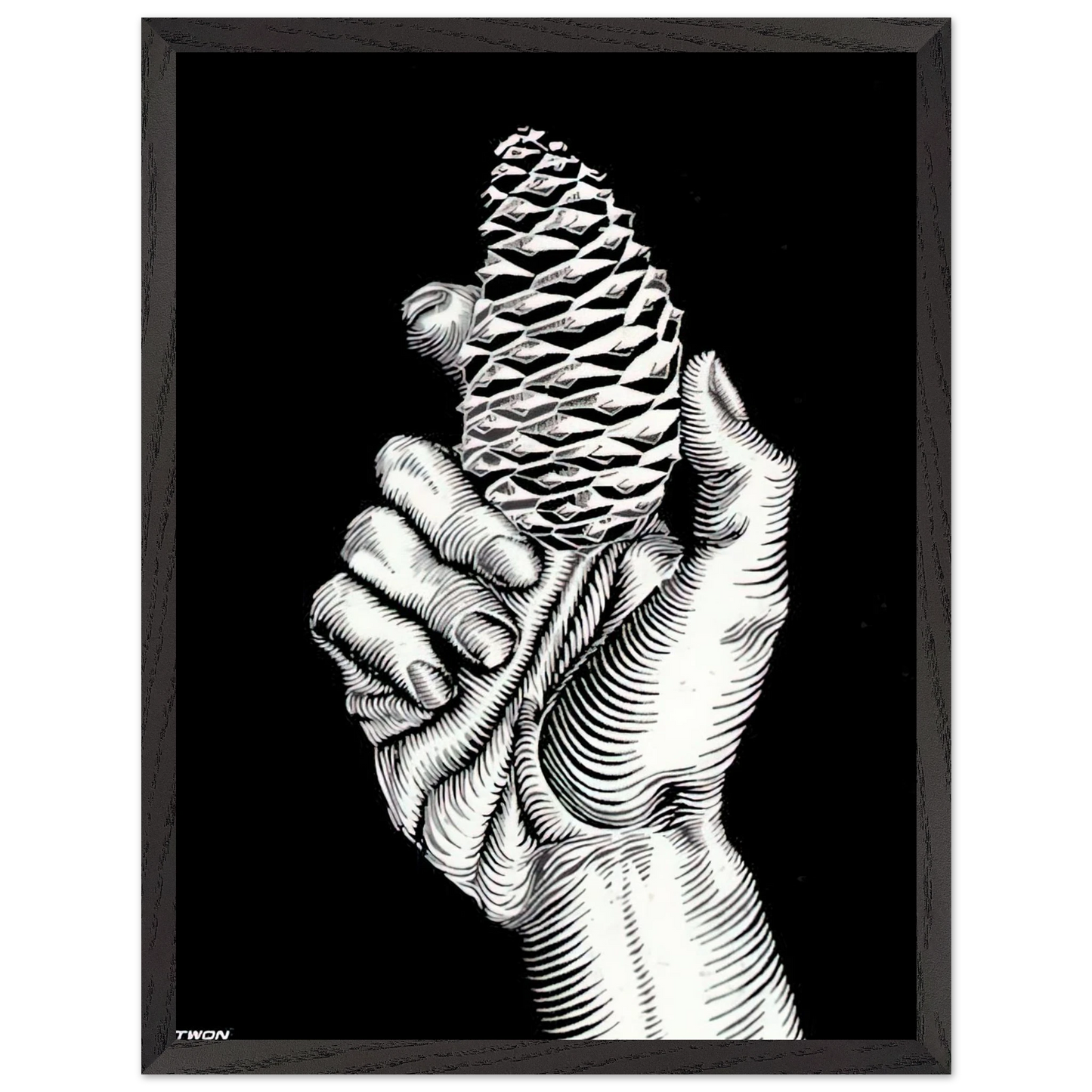 MC Escher - HAND WITH FIR CONE Wall Art - 21x29.7 cm / 8x12" - Premium Wooden Framed Poster With Fine Art Paper - Wood frame