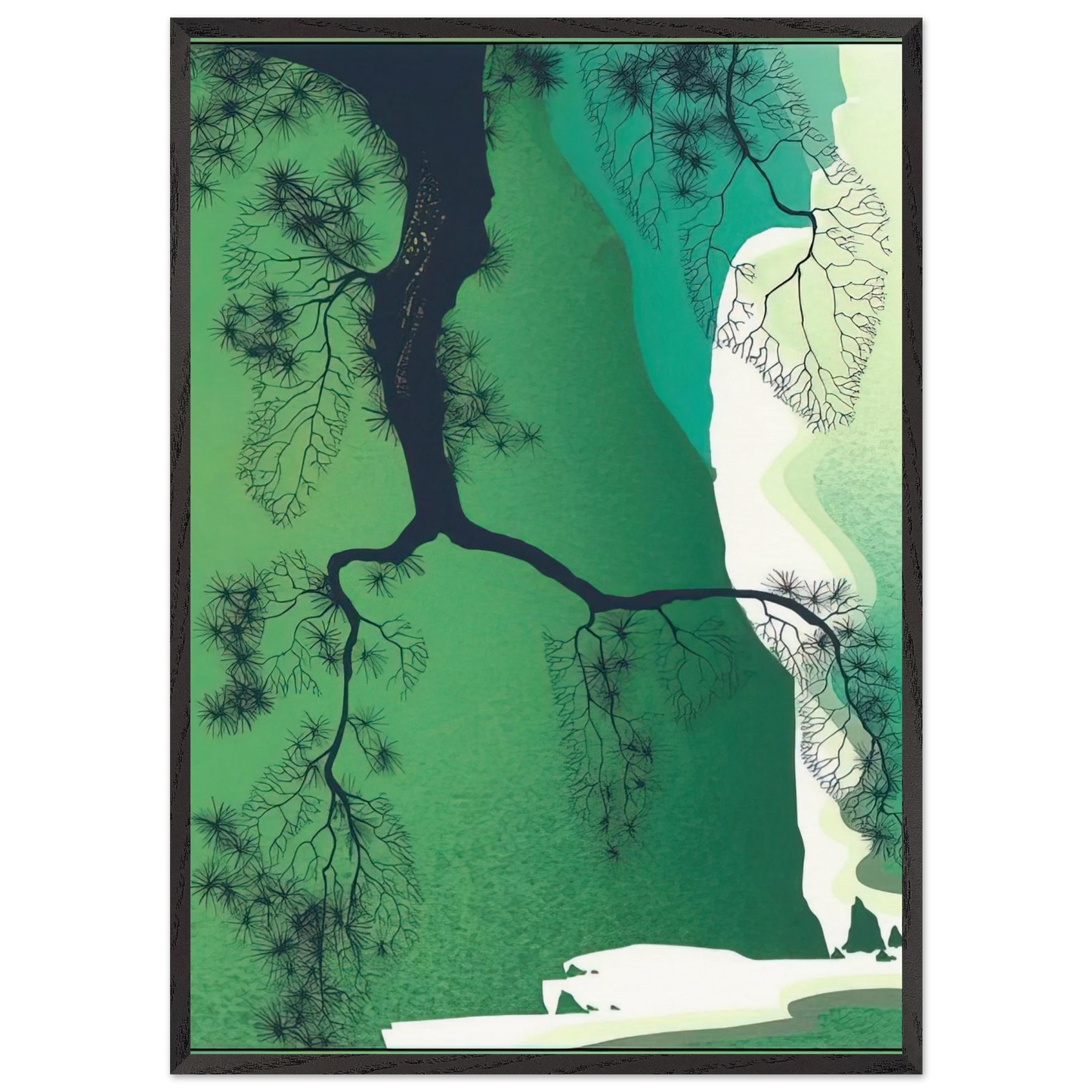 Sea Cliffs and Pine Branch - Eyvind Earle 70x100 cm / 28x40 inches Framed Art Print – Black Wooden Frame