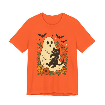Spooky spookachtige Geest Houdt Zwarte Kat Groovy Bloem Halloween