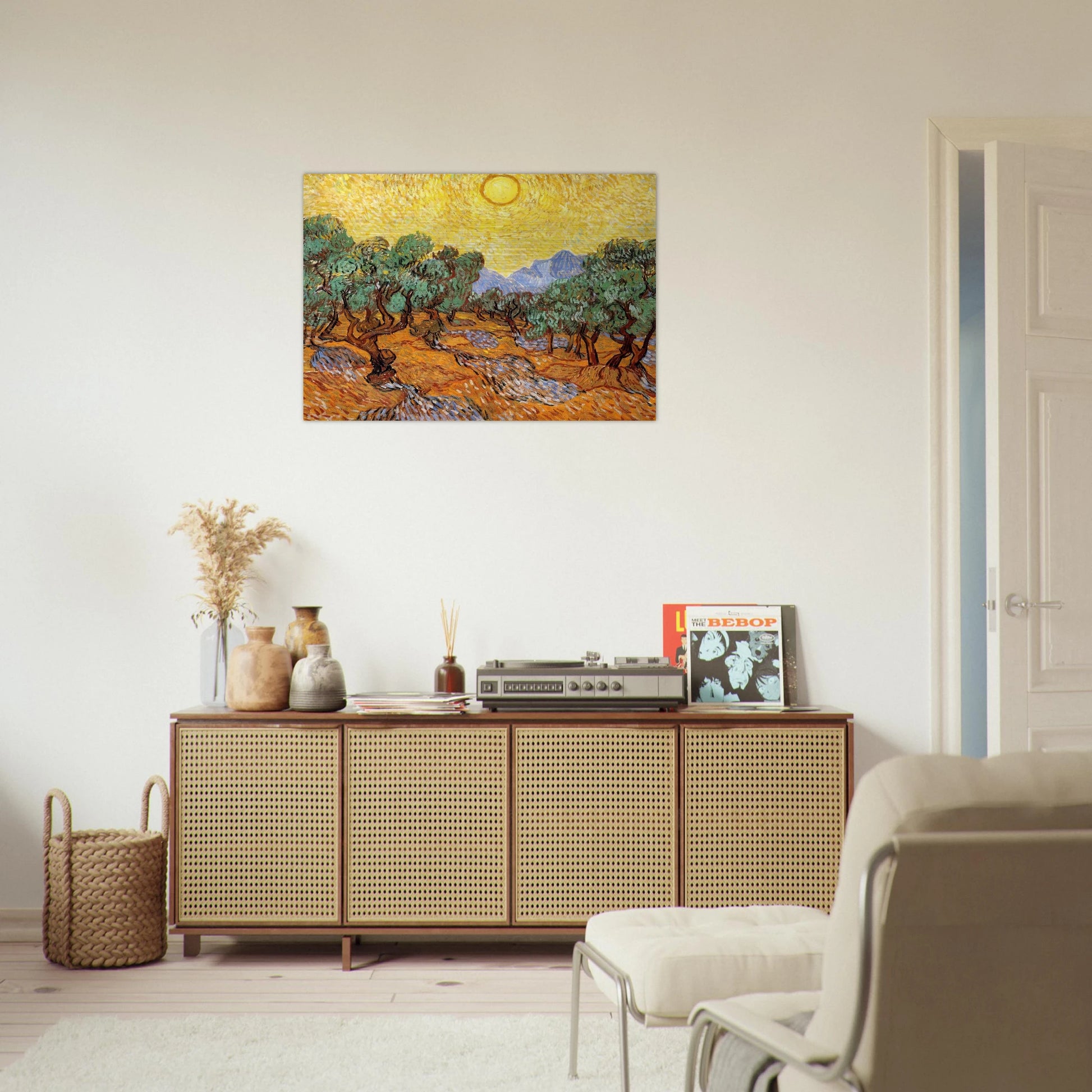 Olive Trees with Yellow Sky and Sun - Vincent van Gogh Brushed Aluminum Print - 70x100 cm / 28x40 inches | Vincent van Gogh Aluminum Print | Vincent van Gogh Prints
