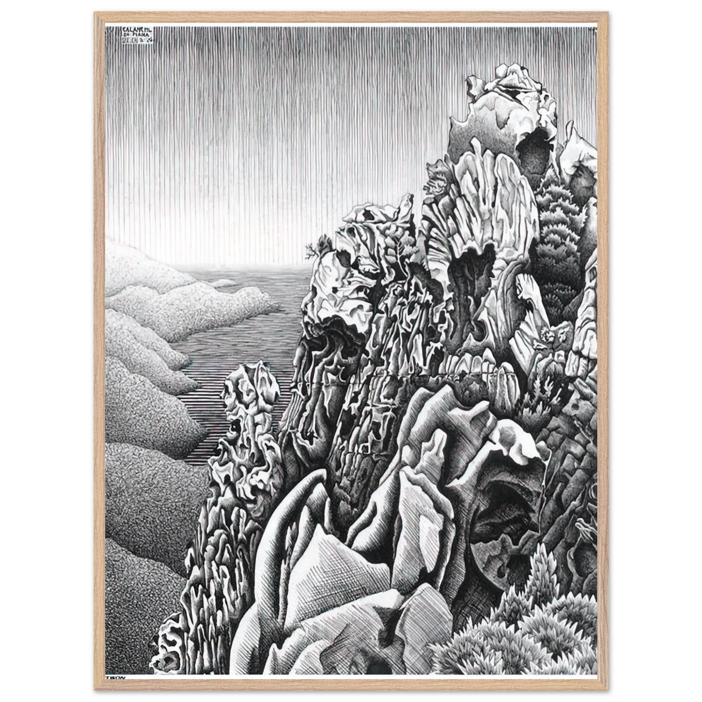 MC Escher - CALANQUES DE PIANA Wall Art - 60x80 cm / 24x32 inches - Premium Wooden Framed Poster With Fine Art Paper-canvas - Black frame