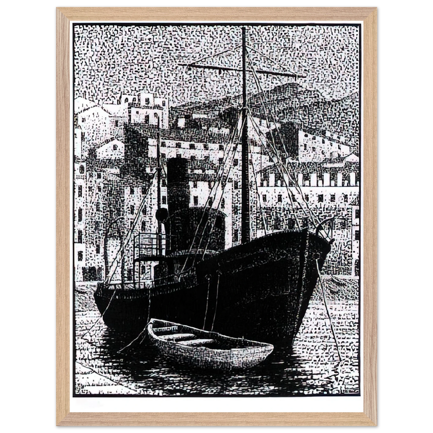 MC Escher - TUGBOAT OLD HARBOR OF BASTIA JANUARY 1934 1934 Wall Art - 60x80 cm / 24x32 inches - Premium Wooden Framed Poster With Fine Art Paper-canvas - White frame