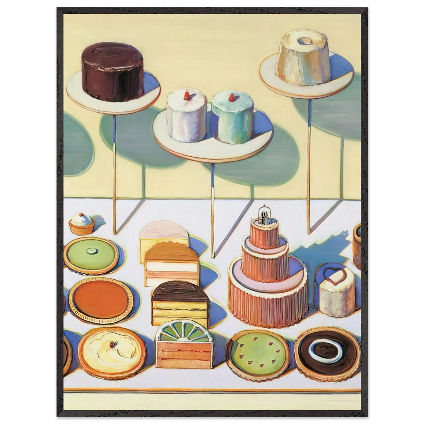Wayne Thiebaud - Cakes and Pies - 1995 Wall Art - 21x29.7 cm / 8x12" - Premium Wooden Framed Poster With Fine Art Paper-canvas - Wood frame