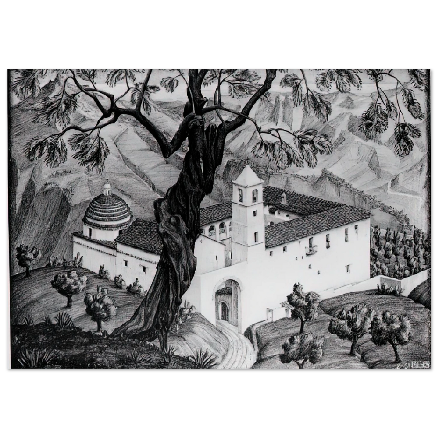 MC Escher - CLOISTER NEAR ROCCA IMPERIALE CALABRIA Wall Art - 21x29.7 cm / 8x12" - Premium Wooden Framed Poster With Fine Art Paper-canvas - Black frame