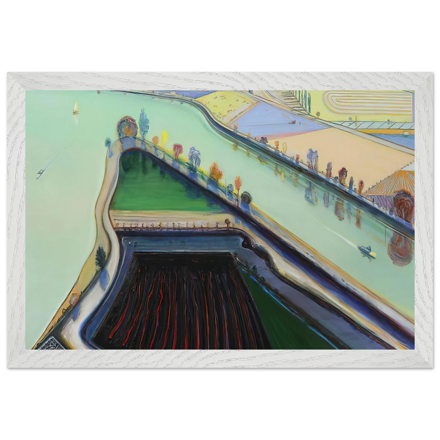 Wayne Thiebaud - River Boats - 2001 Wall Art - 30x40 cm / 12x16 inches - Premium Wooden Framed Poster With Fine Art Paper-canvas - Wood frame