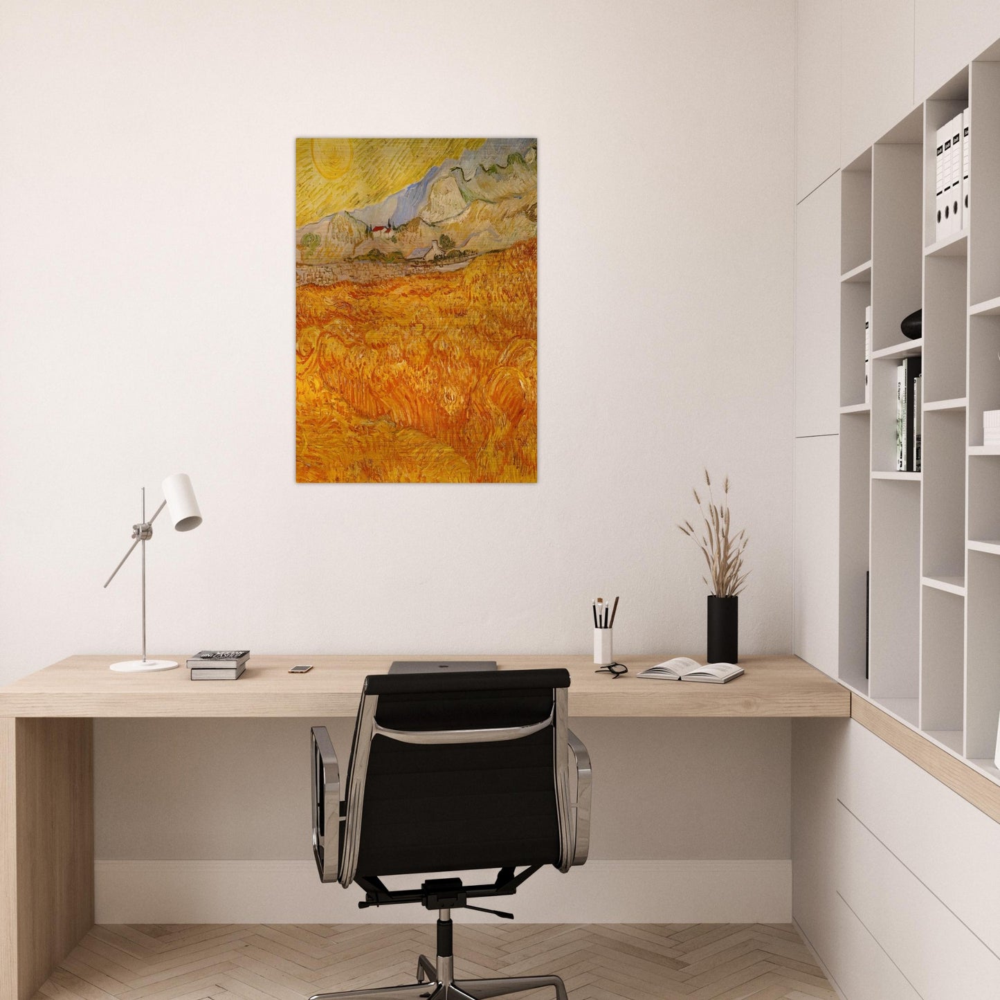 Wheat Field behind Saint Paul Hospital with a Reaper - Vincent van Gogh Brushed Aluminum Print - 70x100 cm / 28x40 inches | Vincent van Gogh Aluminum Print | Vincent van Gogh Prints