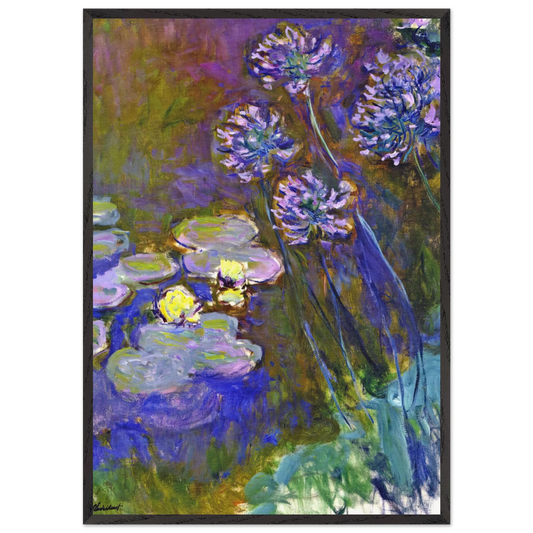 Water Lilies and Agapanthus - claude monet 70x100 cm / 28x40 inches Framed Art Print – Black Wooden Frame