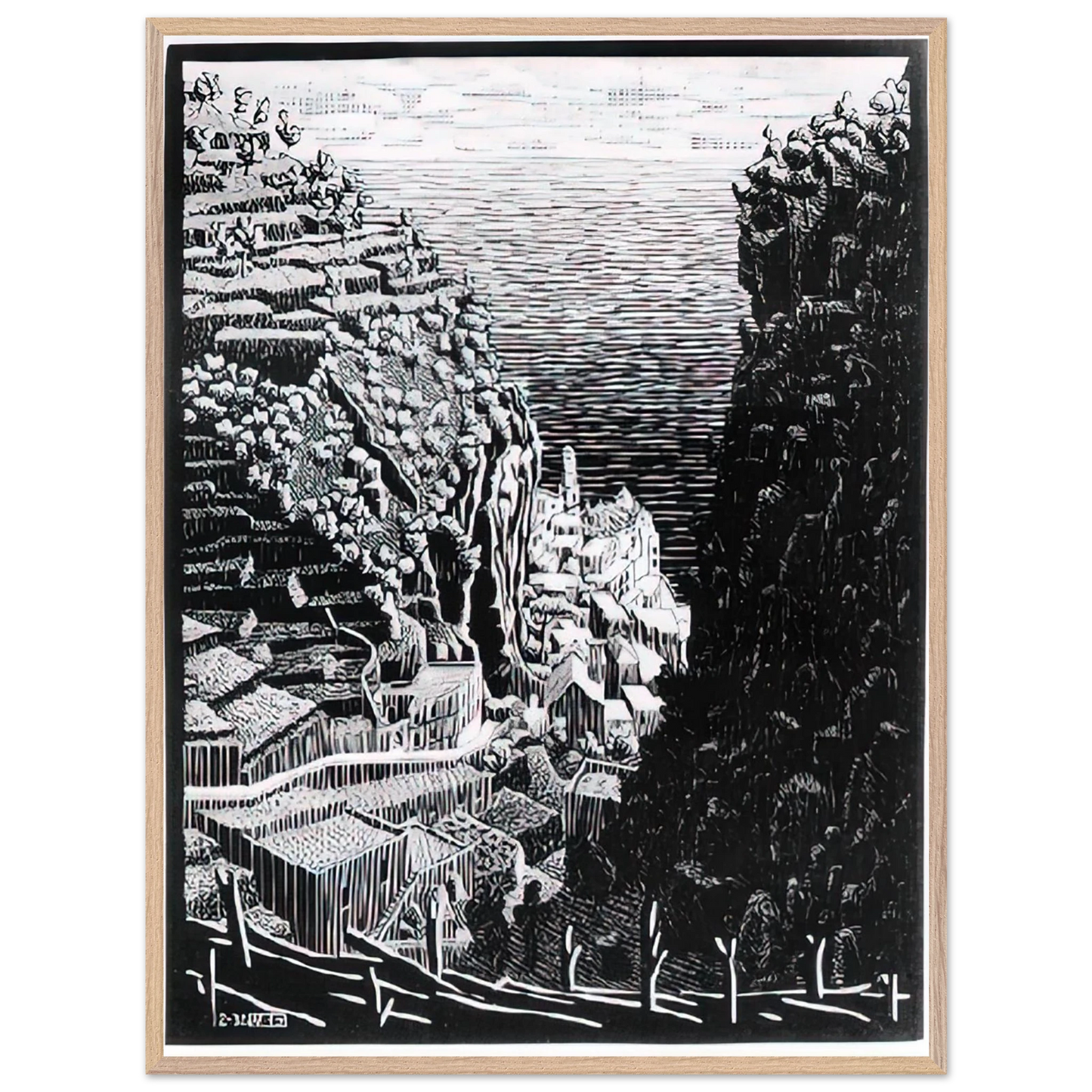 MC Escher - ATRANI COAST OF AMALFI 1 Wall Art - 60x80 cm / 24x32 inches - Premium Wooden Framed Poster With Fine Art Paper-canvas - White frame