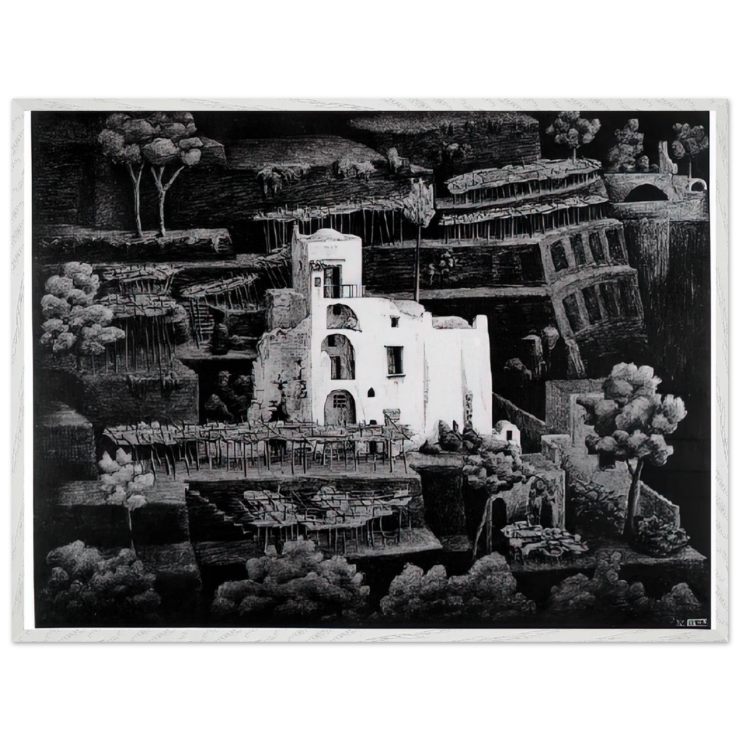 MC Escher - FARMHOUSE RAVELLO Wall Art - 30x40 cm / 12x16 inches - Premium Wooden Framed Poster With Fine Art Paper - Black frame