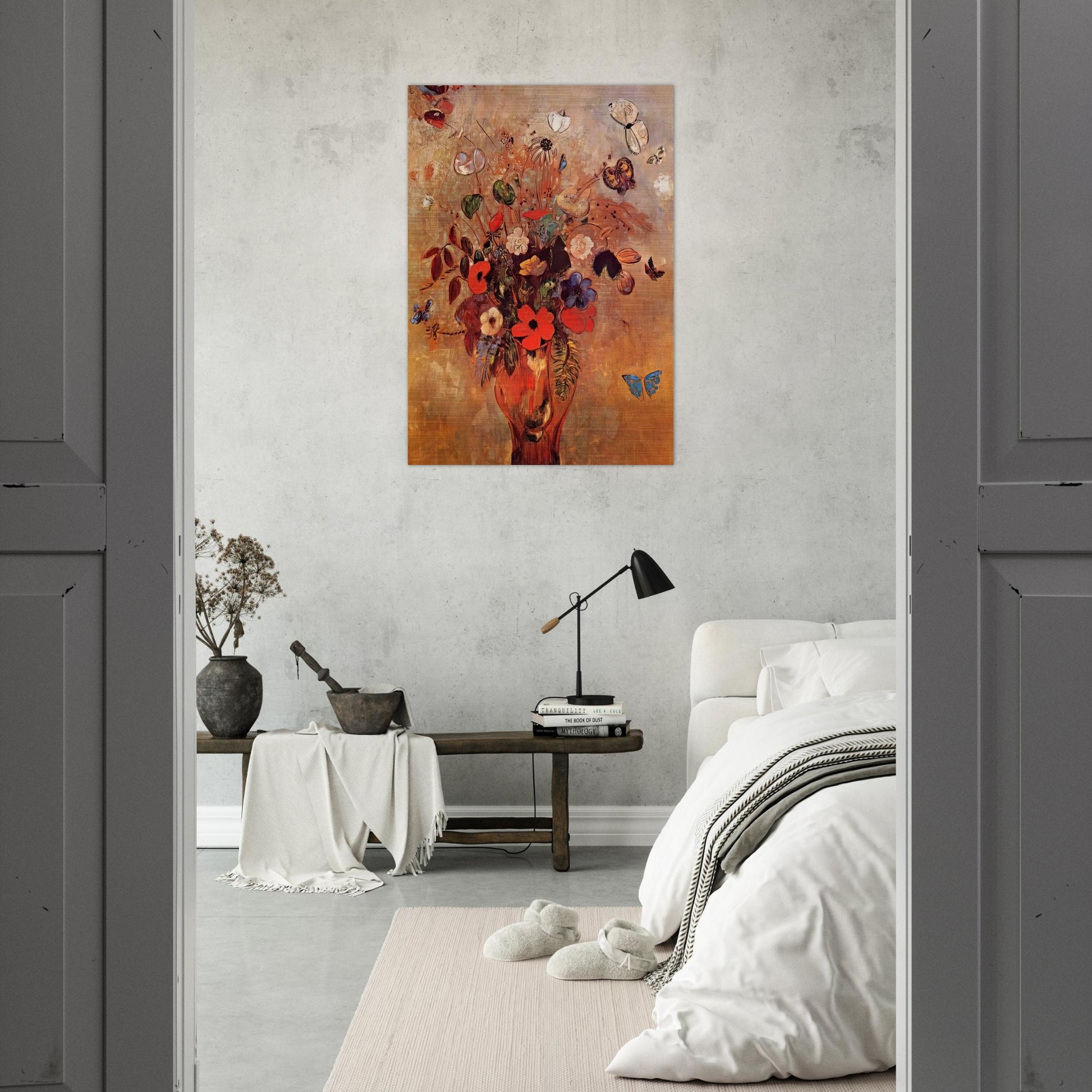 VASE WITH FLOWERS AND BUTTERFLIES - Odilon Redon Brushed Aluminum Print - 70x100 cm / 28x40 inches | Odilon Redon Aluminum Print | Odilon Redon Prints