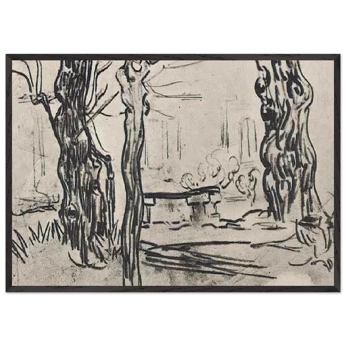Garden of the Asylum and Tree Trunks and a Stone Bench - Vincent van Gogh 70x100 cm / 28x40 inches Framed Art Print – Black Wooden Frame