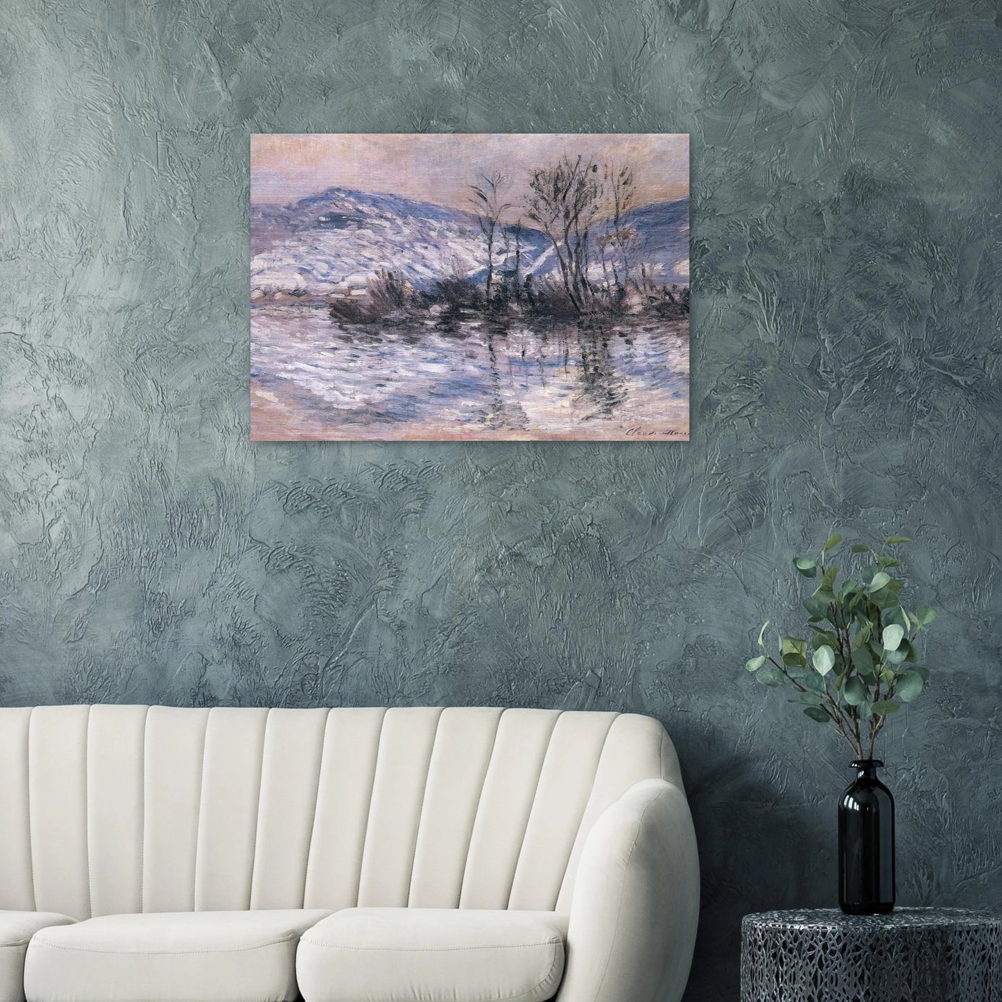 The Seine at Port Villez, Snow Effect 02 - claude monet Brushed Aluminum Print - 70x100 cm / 28x40 inches | claude monet Aluminum Print | claude monet Prints