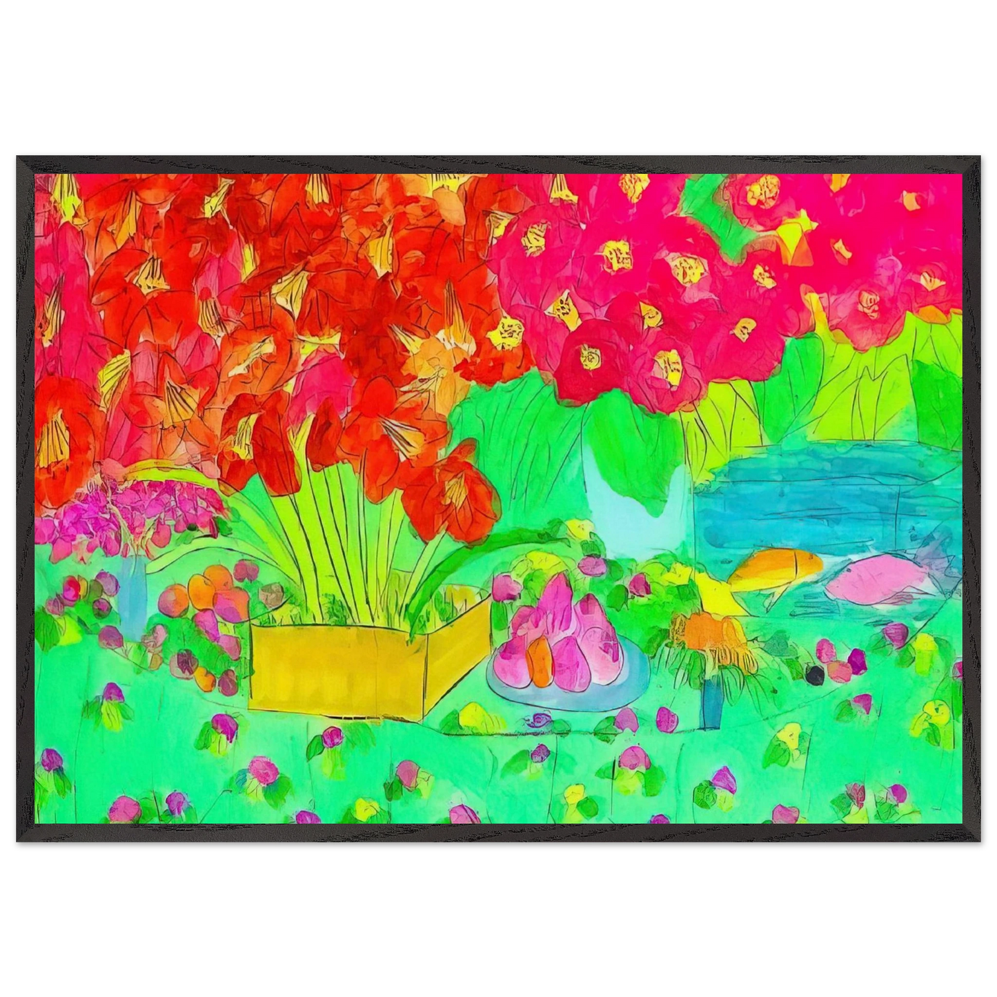 Rose Garden - 1990 - Walasse Ting 70x100 cm / 28x40 inches Framed Art Print – Black Wooden Frame