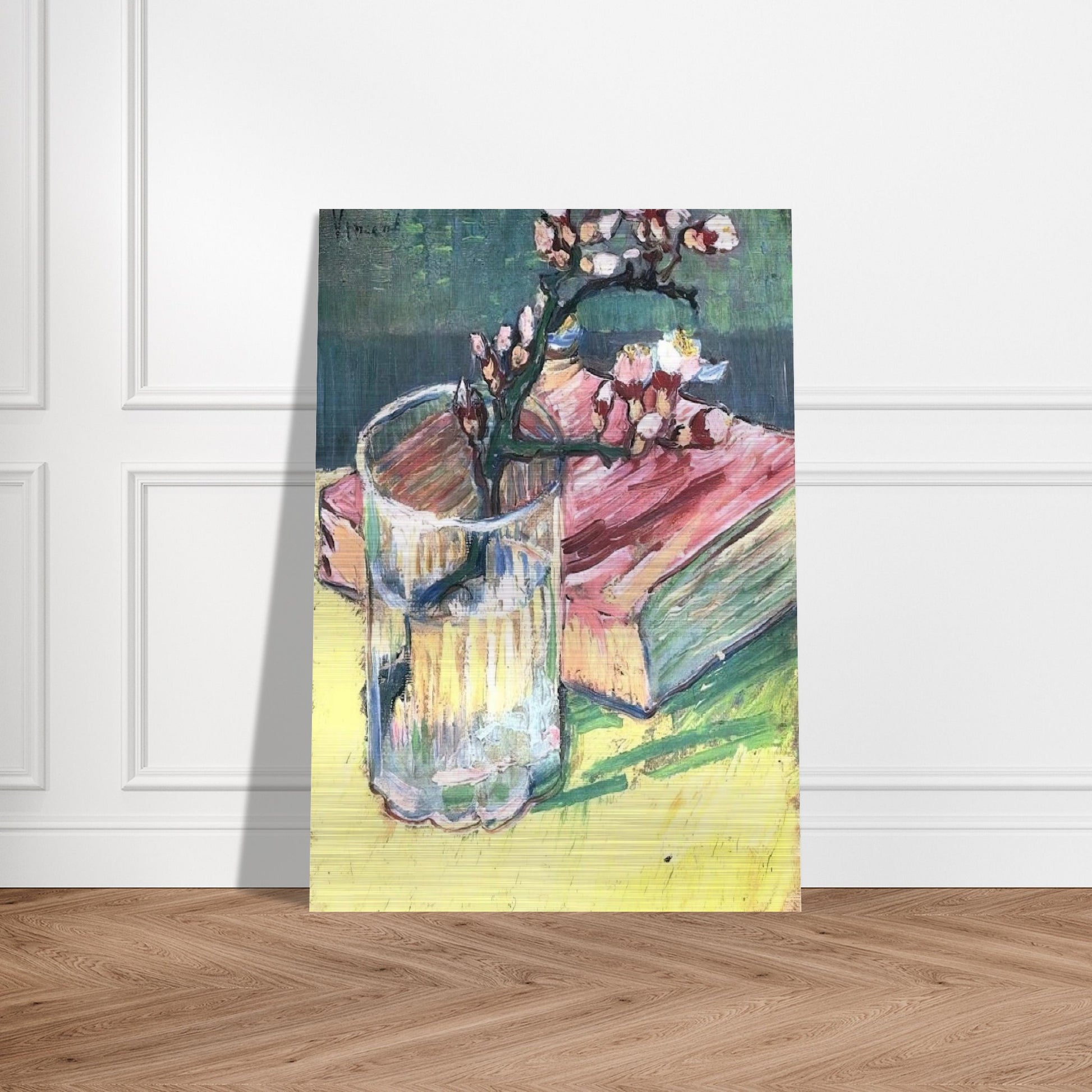 Blossoming Almond Branch in a Glass with a Book - Vincent van Gogh Brushed Aluminum Print - 70x100 cm / 28x40 inches | Vincent van Gogh Aluminum Print | Vincent van Gogh Prints