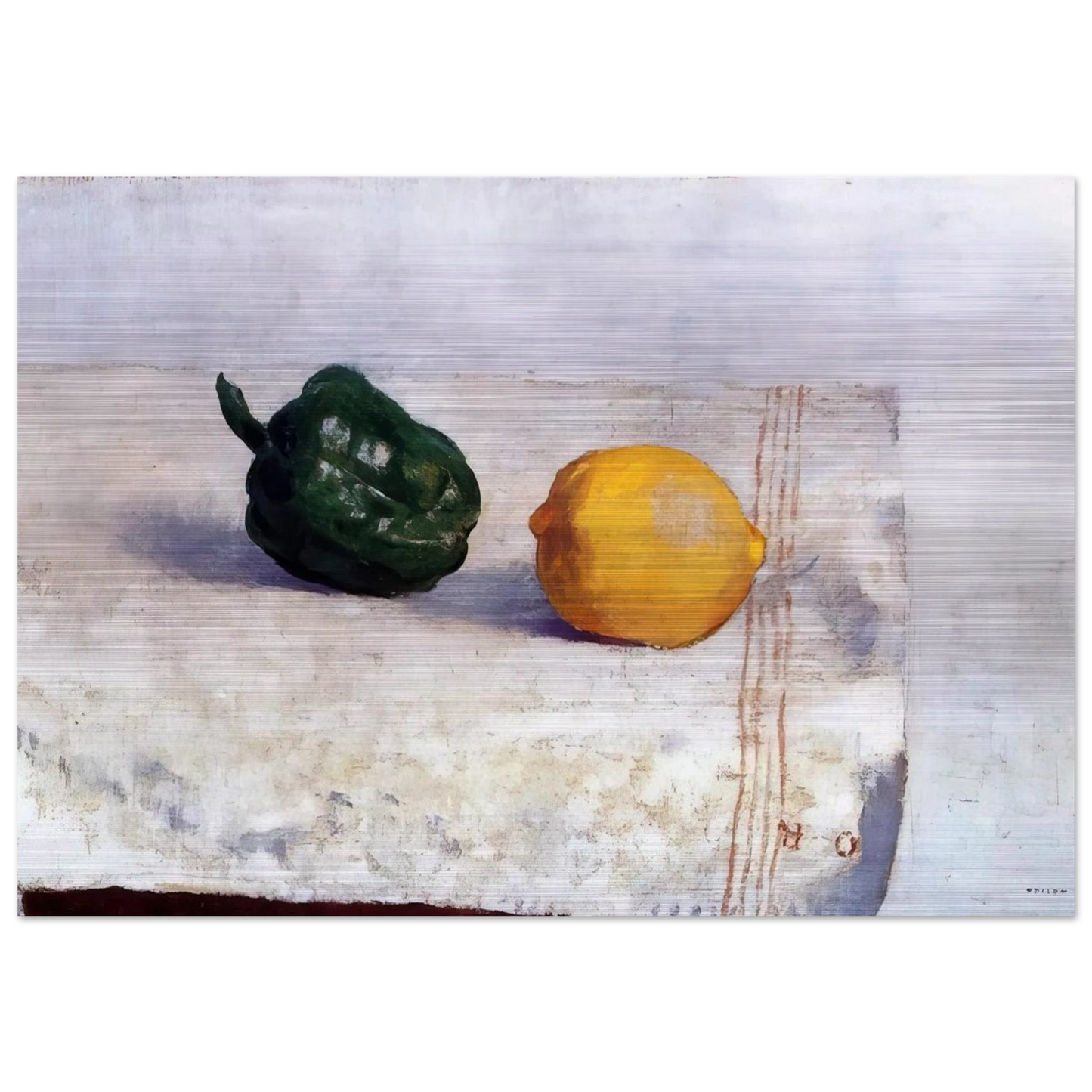 PEPPER AND LEMON ON A WHITE TABLECLOTH 1901 - Odilon Redon Brushed Aluminum Print - 70x100 cm / 28x40 inches | Odilon Redon Aluminum Print | Odilon Redon Prints