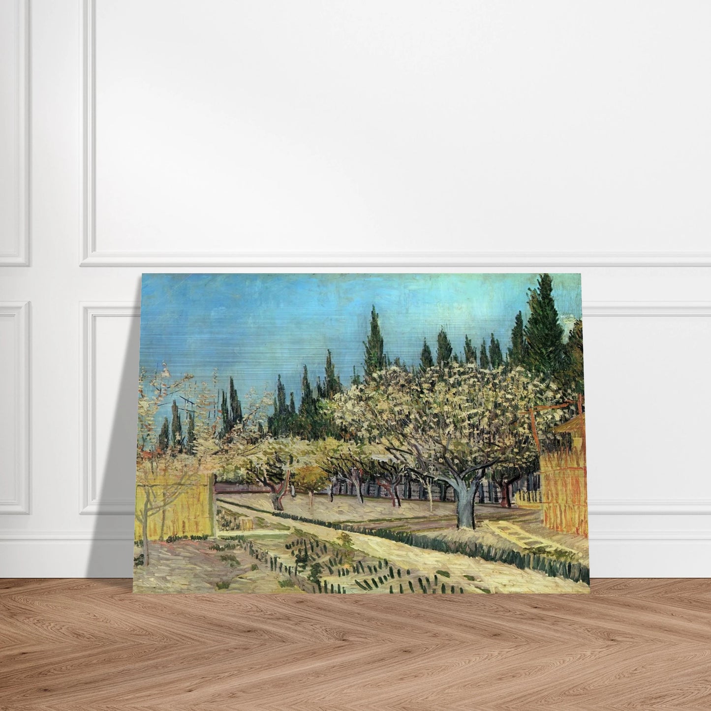 Orchard in Blossom, Bordered by Cypresses - Vincent van Gogh Brushed Aluminum Print - 70x100 cm / 28x40 inches | Vincent van Gogh Aluminum Print | Vincent van Gogh Prints