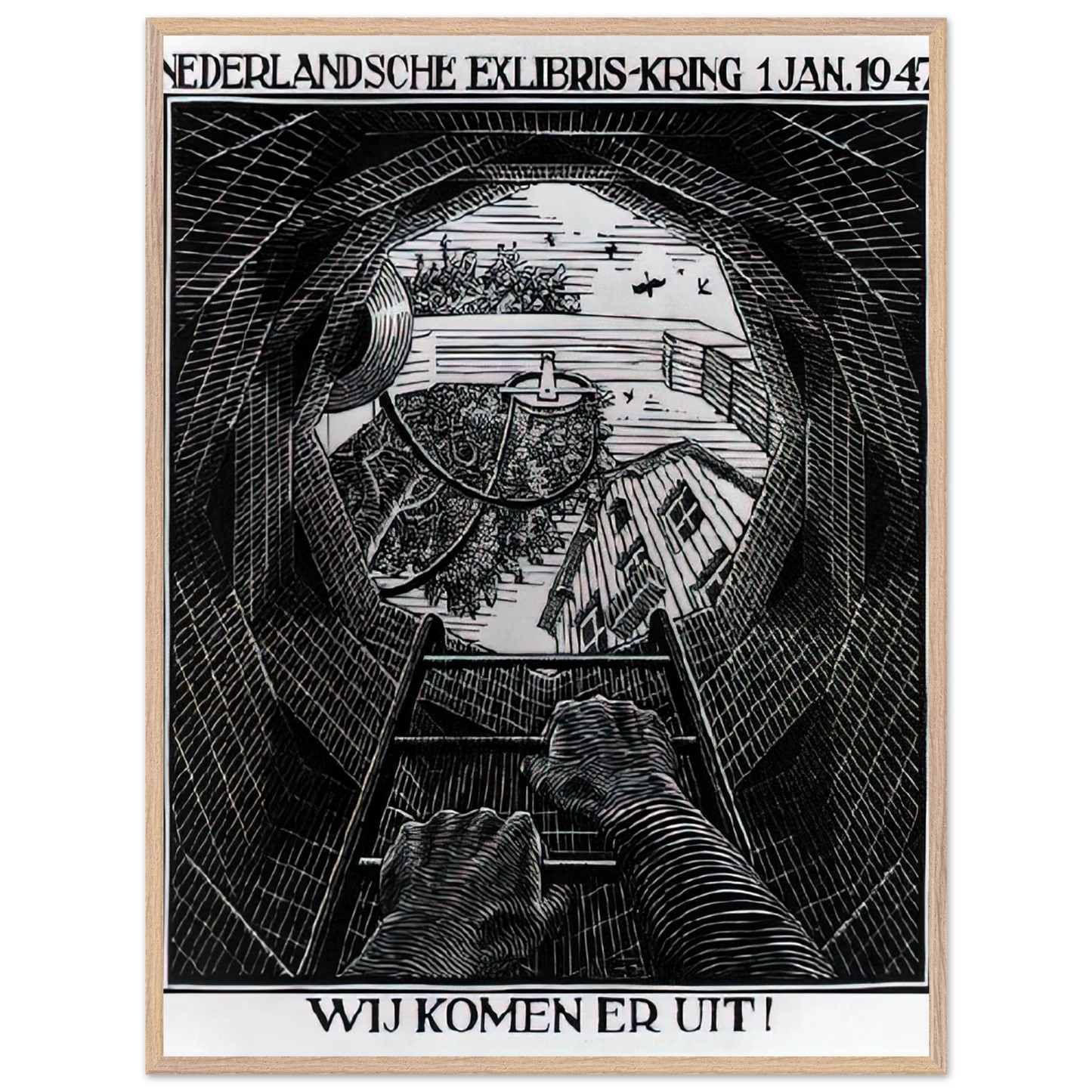 MC Escher - NEW YEAR S GREETING CARD Wall Art - 21x29.7 cm / 8x12" - Premium Wooden Framed Poster With Fine Art Paper-canvas - Wood frame