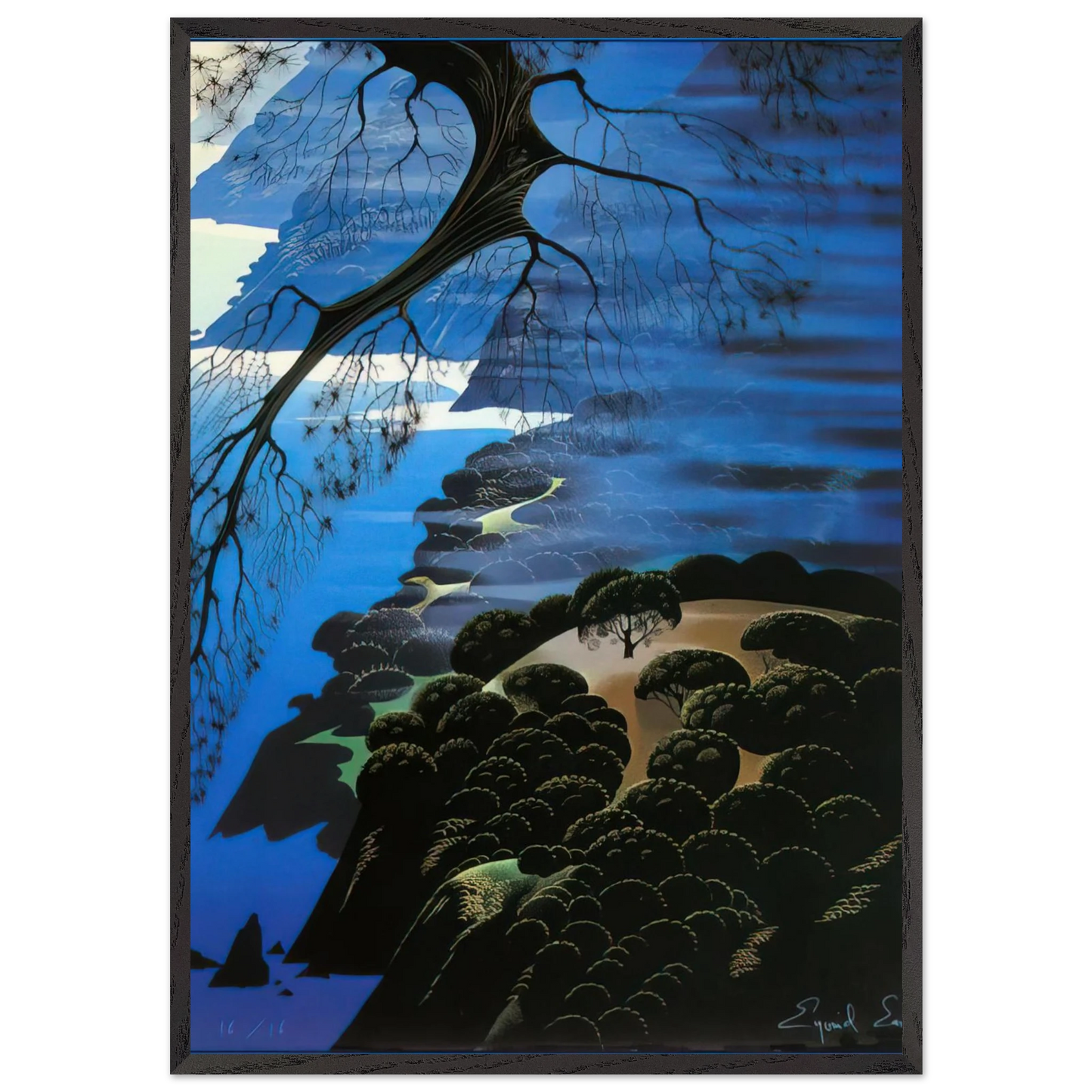Mystical Coastline - Eyvind Earle 70x100 cm / 28x40 inches Framed Art Print – Black Wooden Frame
