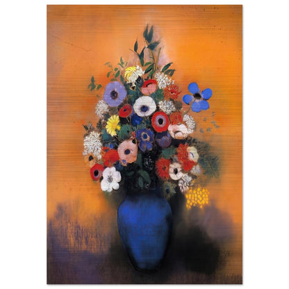 MINOSAS ANEMONIES AND LEAVES IN A BLUE VASE - Odilon Redon Brushed Aluminum Print - 70x100 cm / 28x40 inches | Odilon Redon Aluminum Print | Odilon Redon Prints