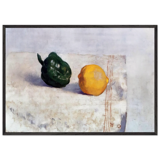 PEPPER AND LEMON ON A WHITE TABLECLOTH 1901 - Odilon Redon 70x100 cm / 28x40 inches Framed Art Print – Black Wooden Frame