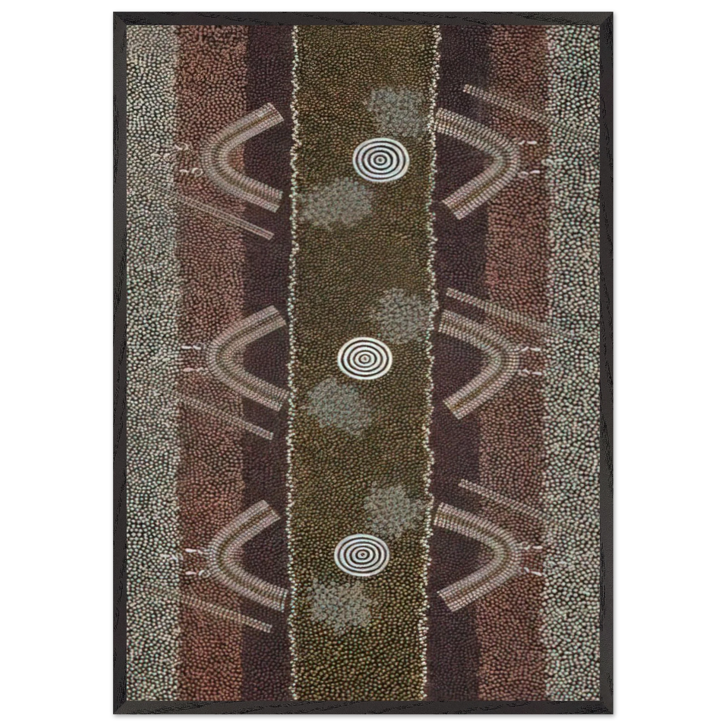 Ground and Body Designs Used in Ceremonies at Arranki on Mt Allan Station - 1982 - Clifford Possum Tjapaltjarri 70x100 cm / 28x40 inches Framed Art Print – Black Wooden Frame