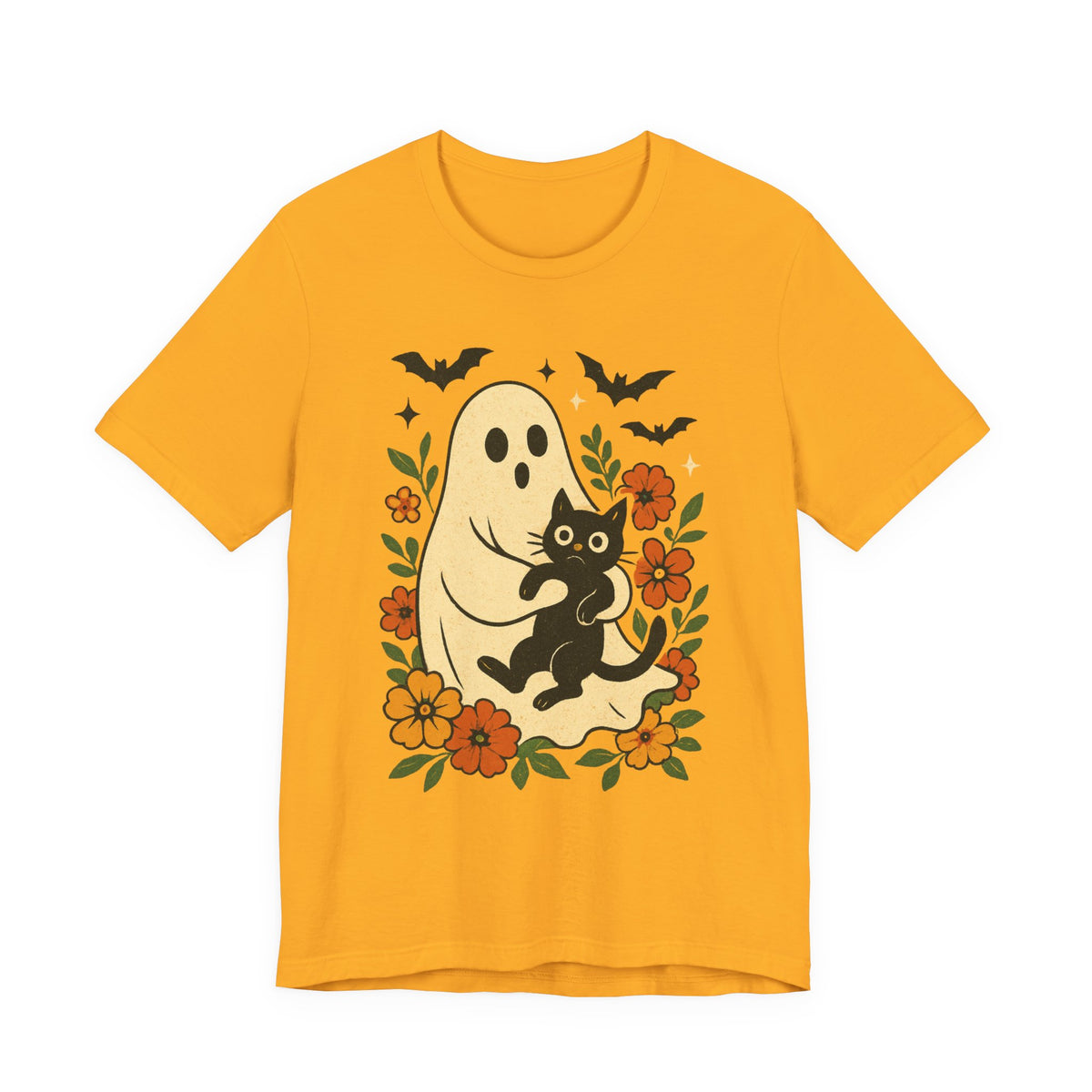 Spooky spookachtige Geest Houdt Zwarte Kat Groovy Bloem Halloween