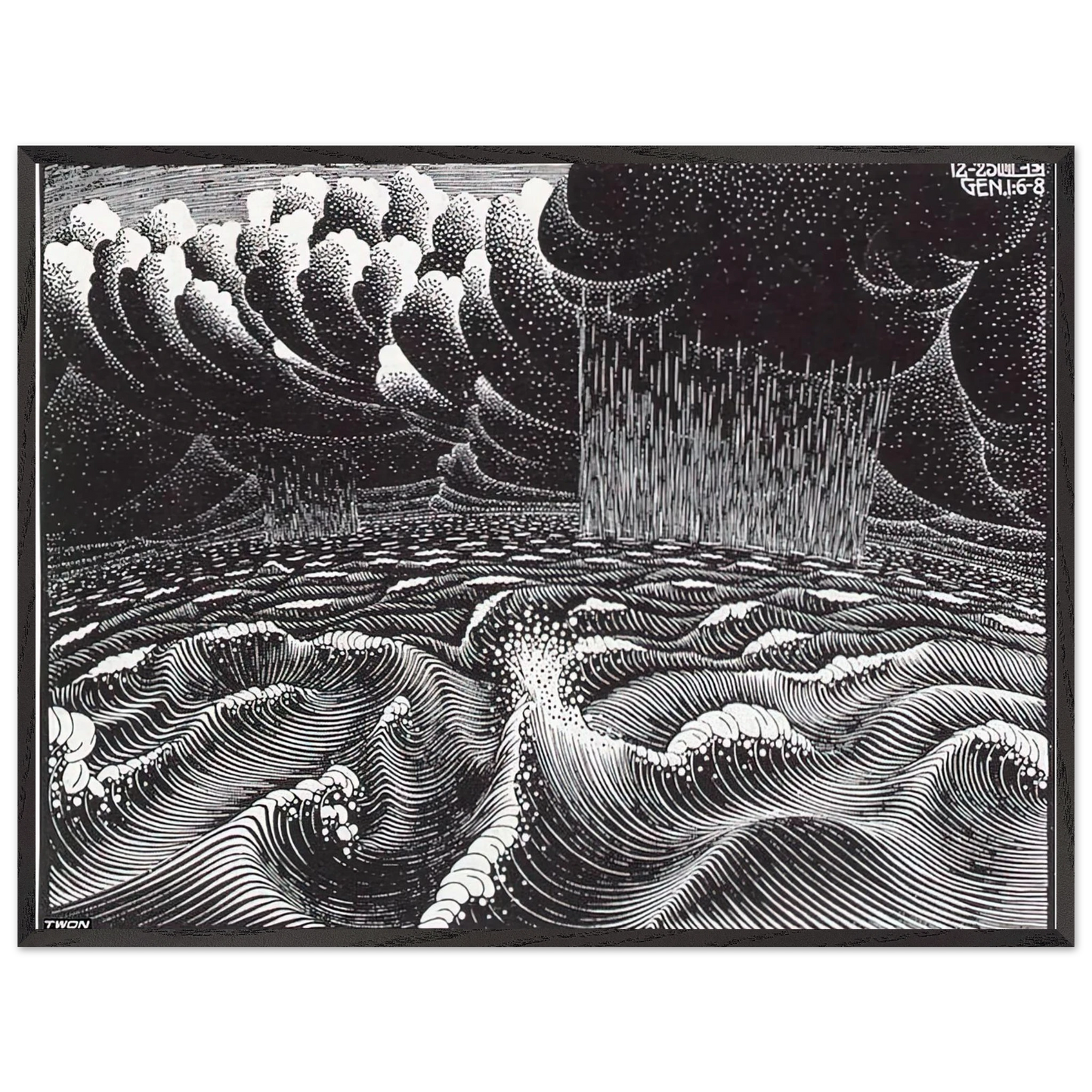 MC Escher - THE 2ND DAY OF THE CREATION Wall Art - 21x29.7 cm / 8x12" - Premium Wooden Framed Poster With Fine Art Paper-canvas - White frame