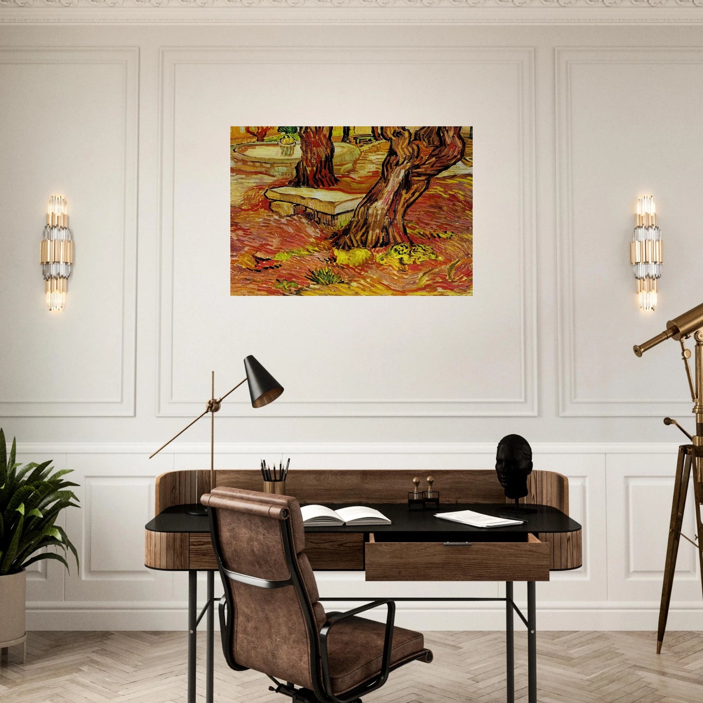 The Stone Bench in the Garden at Saint-Paul Hospital - Vincent van Gogh Brushed Aluminum Print - 70x100 cm / 28x40 inches | Vincent van Gogh Aluminum Print | Vincent van Gogh Prints