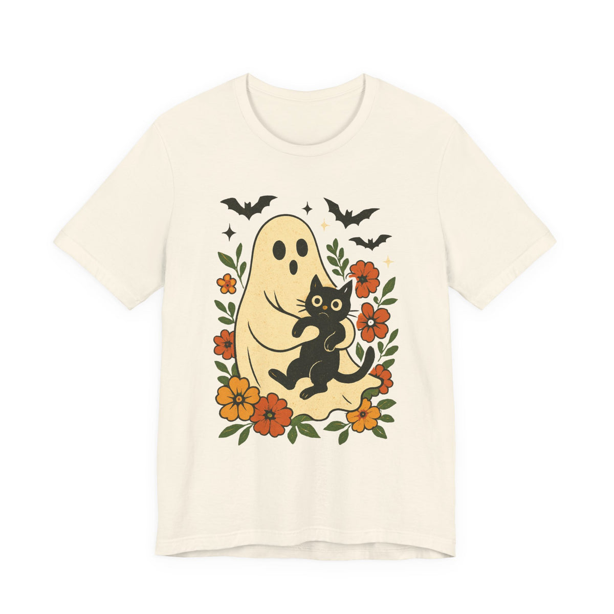 Spooky spookachtige Geest Houdt Zwarte Kat Groovy Bloem Halloween