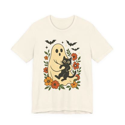 Spooky spookachtige Geest Houdt Zwarte Kat Groovy Bloem Halloween