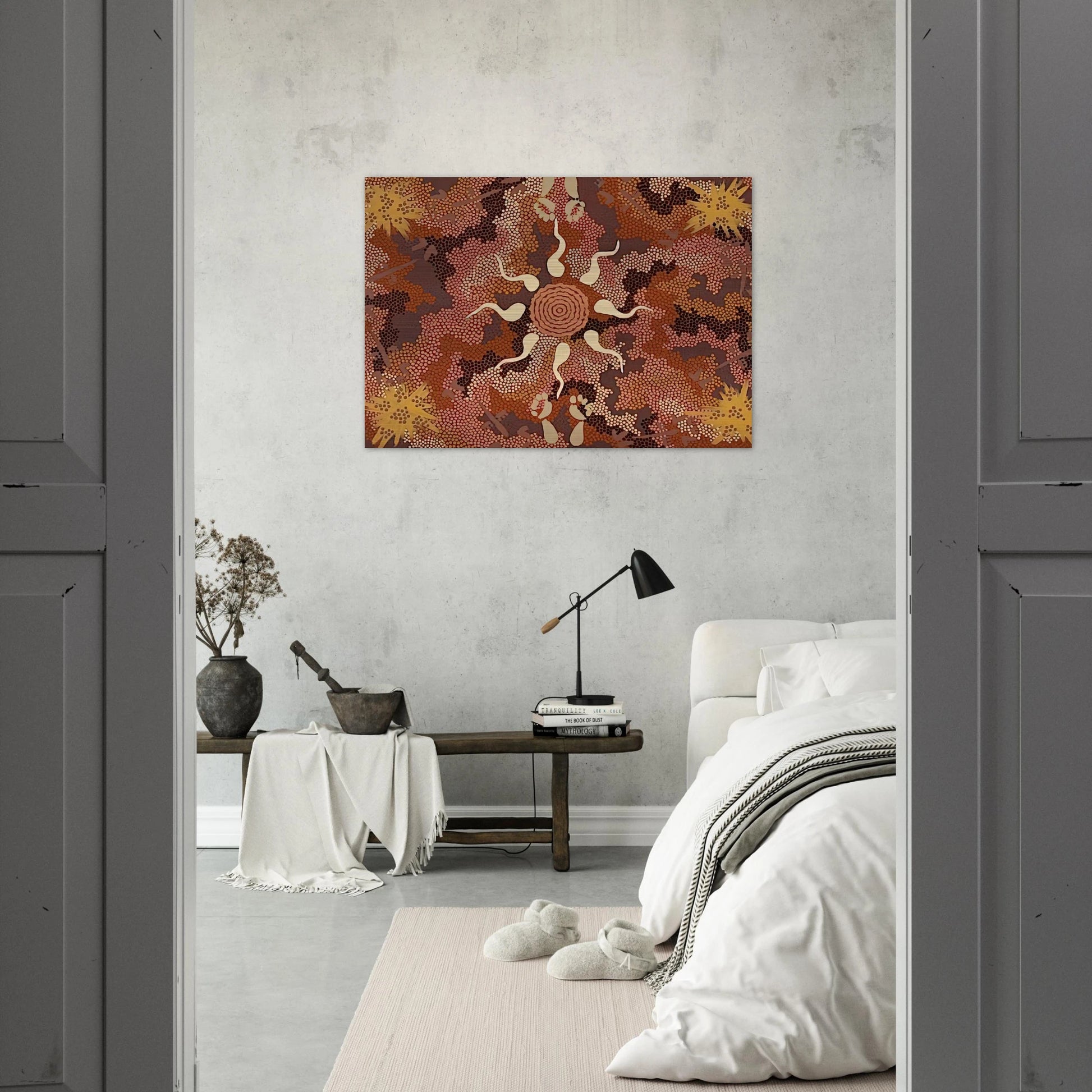 Bush Tucker and Kangaroo Dreaming at Mount Denison - 1993 - Clifford Possum Tjapaltjarri Brushed Aluminum Print - 70x100 cm / 28x40 inches | Clifford Possum Tjapaltjarri Aluminum Print | Clifford Possum Tjapaltjarri Prints