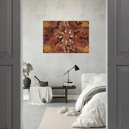 Bush Tucker and Kangaroo Dreaming at Mount Denison - 1993 - Clifford Possum Tjapaltjarri Brushed Aluminum Print - 70x100 cm / 28x40 inches | Clifford Possum Tjapaltjarri Aluminum Print | Clifford Possum Tjapaltjarri Prints
