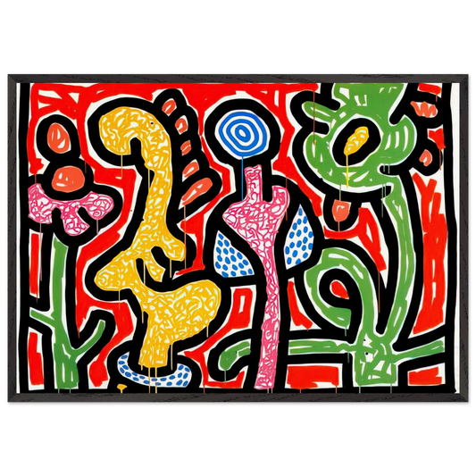FLOWERS IV 1990 N1 - Keith Haring 70x100 cm / 28x40 inches Framed Art Print – Black Wooden Frame | Keith Haring Art For Sale