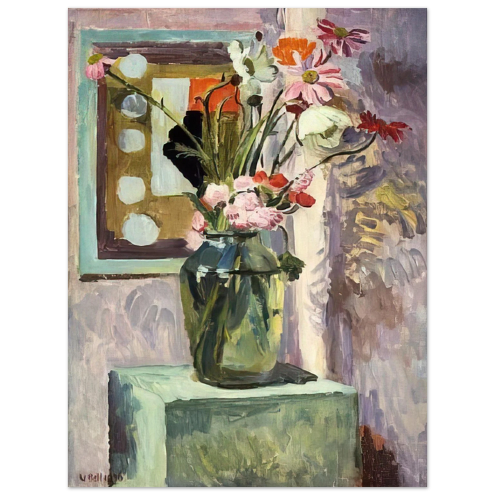 Vanessa Bell - FLOWERS IN A GLASS VASE WITH ABSTRACT NEEDLEWORK DESIGN  75x100 cm / 30x40inches Fine Art Poster
