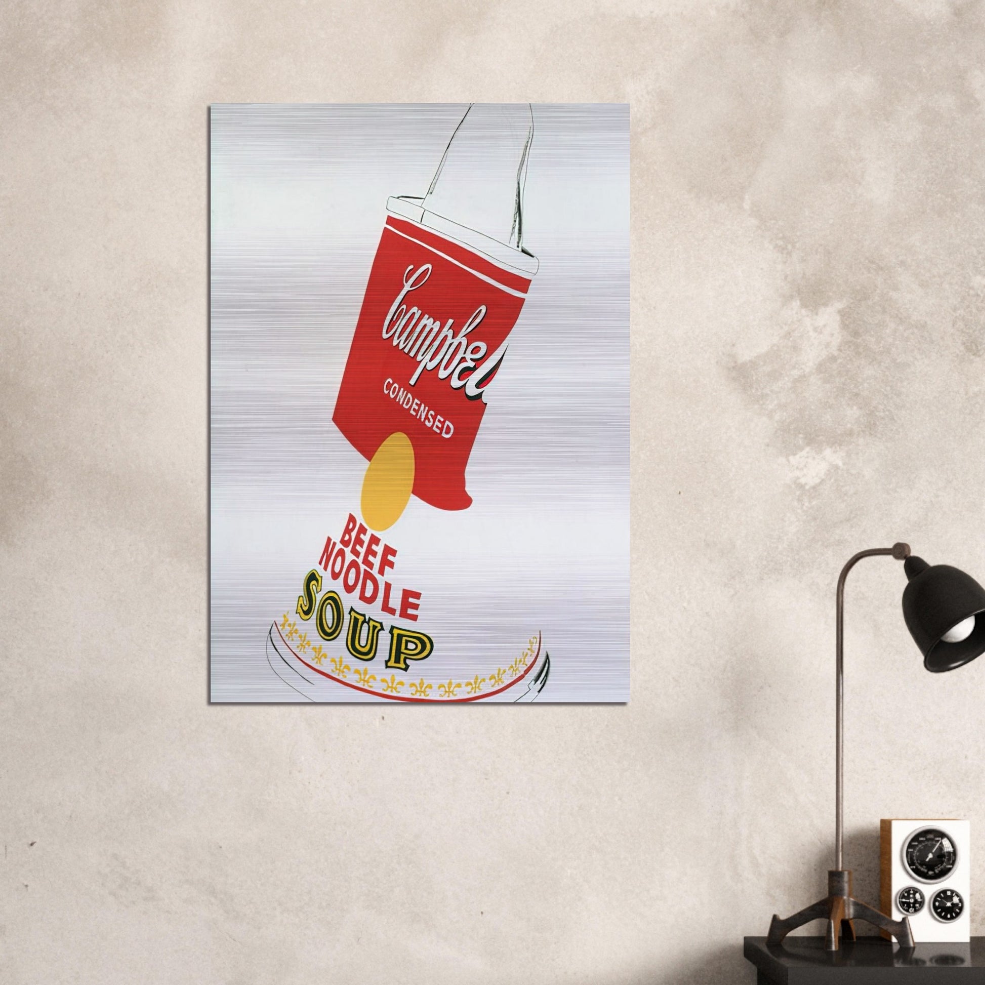 Crushed Campbell's Soup Can  Beef Noodle  - Andy Warhol Brushed Aluminum Print - 70x100 cm / 28x40 inches | Andy Warhol Aluminum Print | Andy Warhol Prints