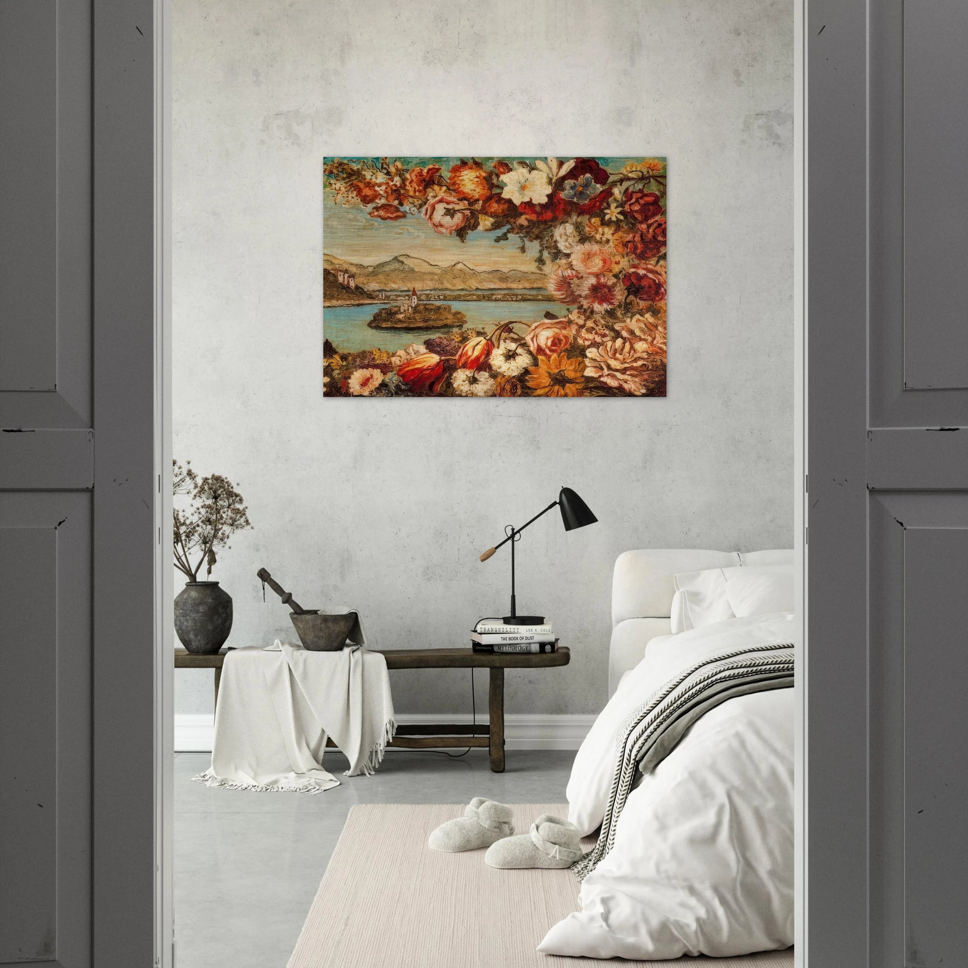 ISLAND AND FLOWER GARLAND - Giorgio de Chirico Brushed Aluminum Print - 70x100 cm / 28x40 inches | Giorgio de Chirico Aluminum Print | Giorgio de Chirico Prints