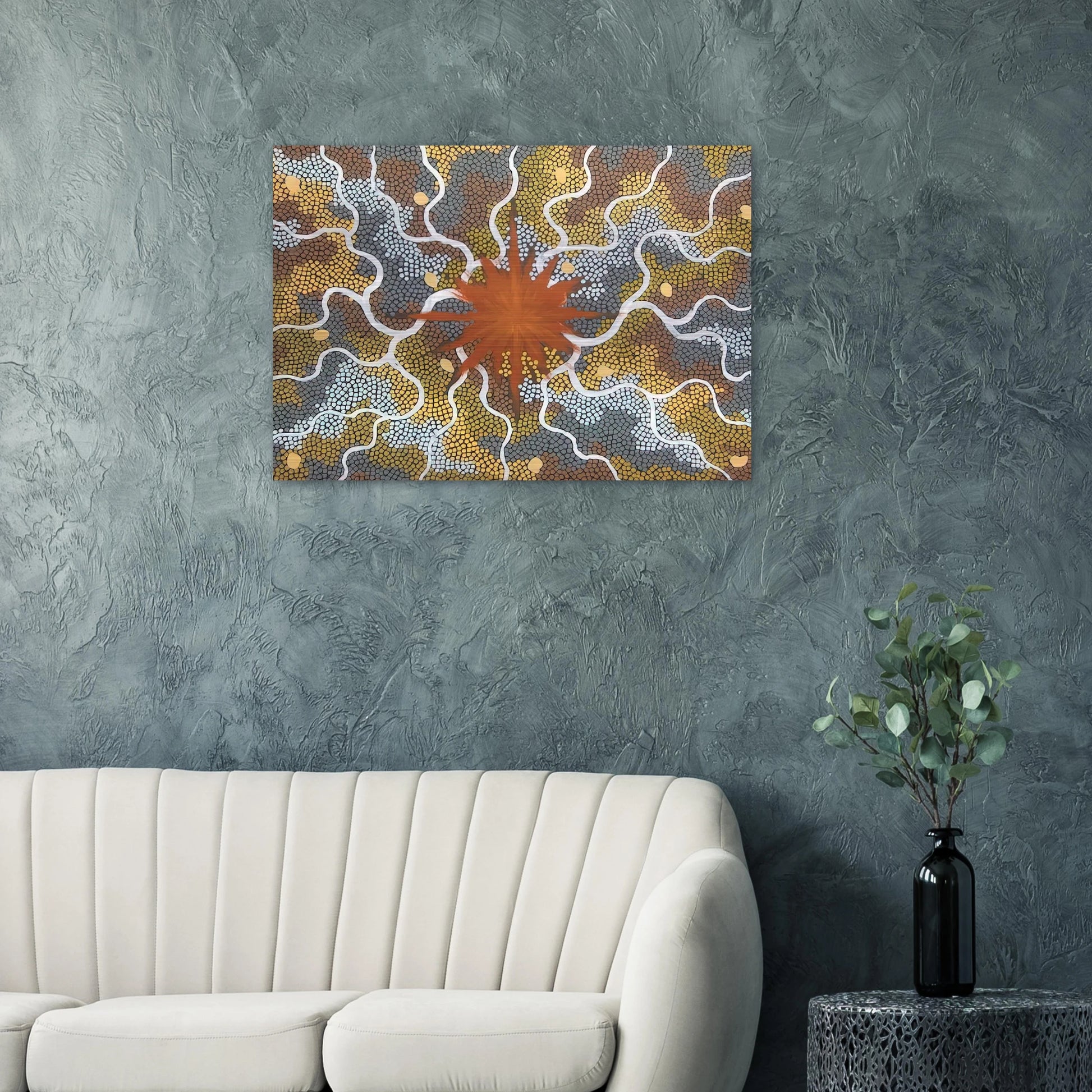Creation, Lightning Dreaming - 1993 - Clifford Possum Tjapaltjarri Brushed Aluminum Print - 70x100 cm / 28x40 inches | Clifford Possum Tjapaltjarri Aluminum Print | Clifford Possum Tjapaltjarri Prints