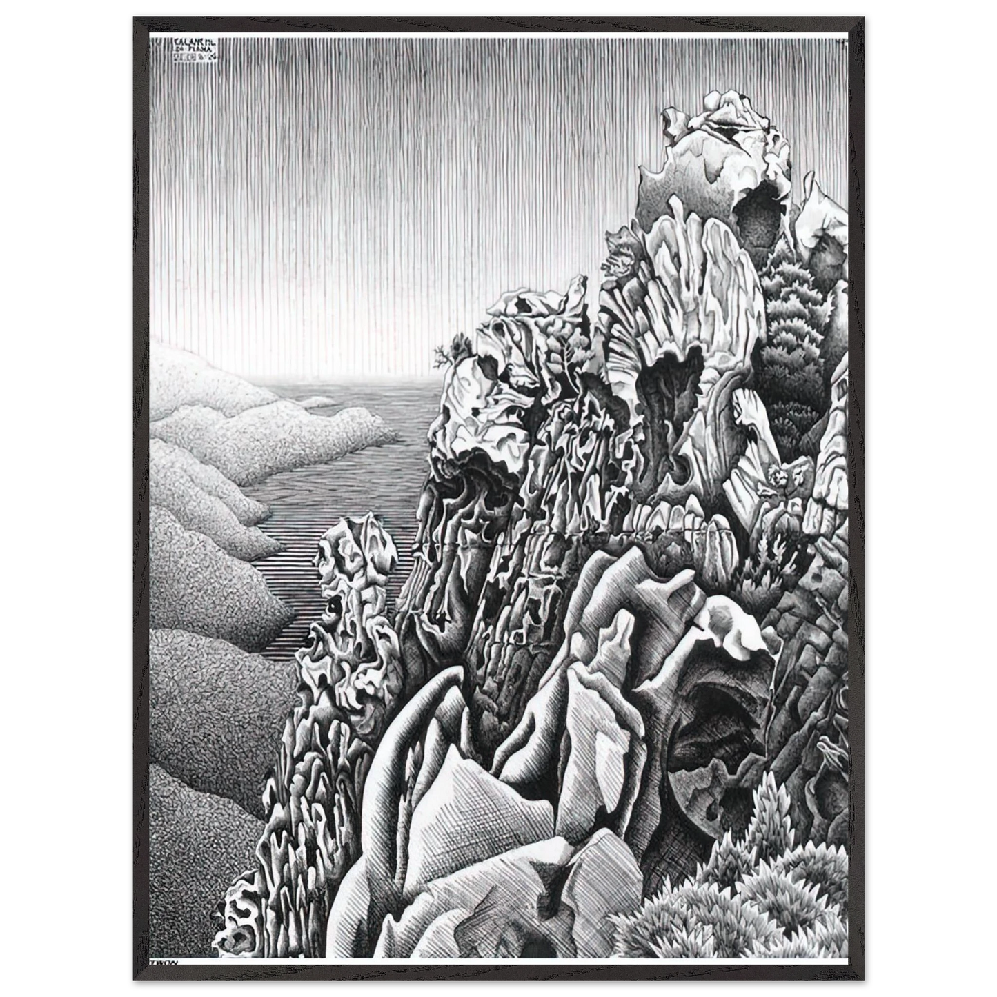 MC Escher - CALANQUES DE PIANA Wall Art - 21x29.7 cm / 8x12" - Premium Wooden Framed Poster With Fine Art Paper-canvas - White frame
