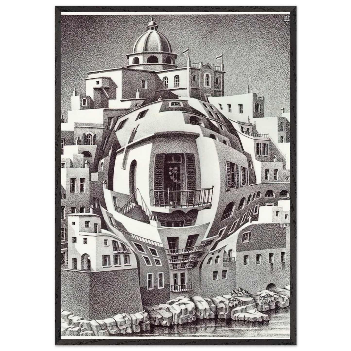 BALCONY - MC Escher 70x100 cm / 28x40 inches Framed Art Print – Black Wooden Frame | Maurits Cornelis Escher Prints