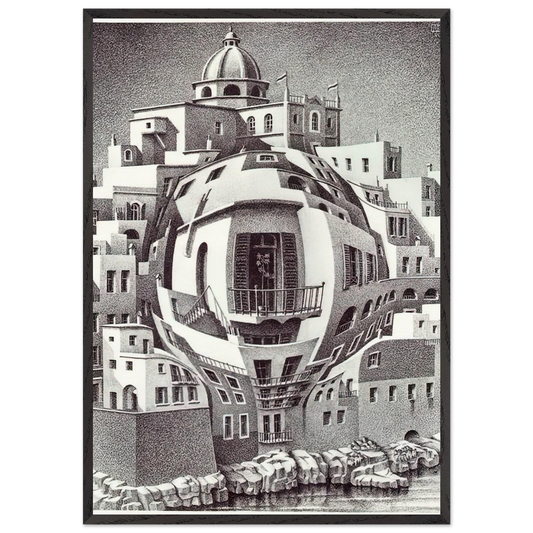 BALCONY - MC Escher 70x100 cm / 28x40 inches Framed Art Print – Black Wooden Frame | Maurits Cornelis Escher Prints