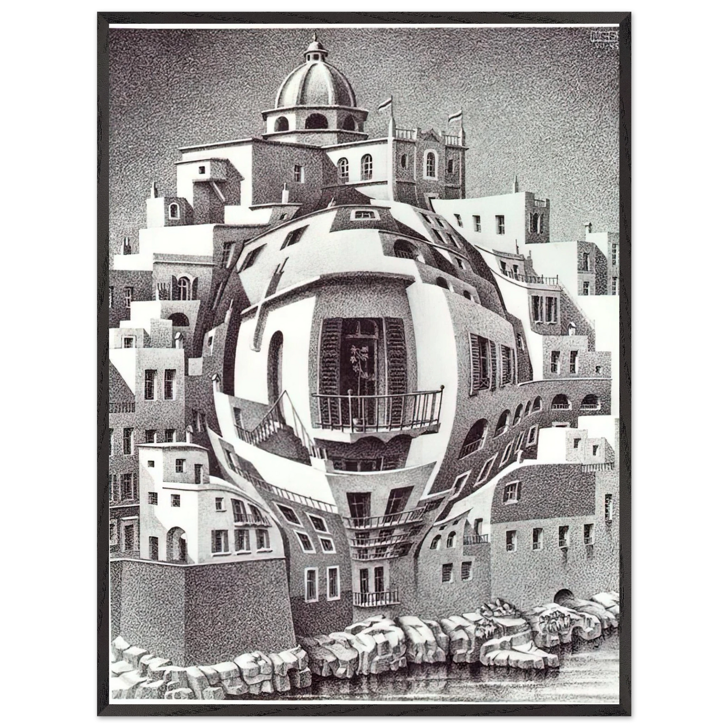 MC Escher - BALCONY Wall Art - 30x40 cm / 12x16 inches - Premium Wooden Framed Poster With Fine Art Paper-canvas - Black frame