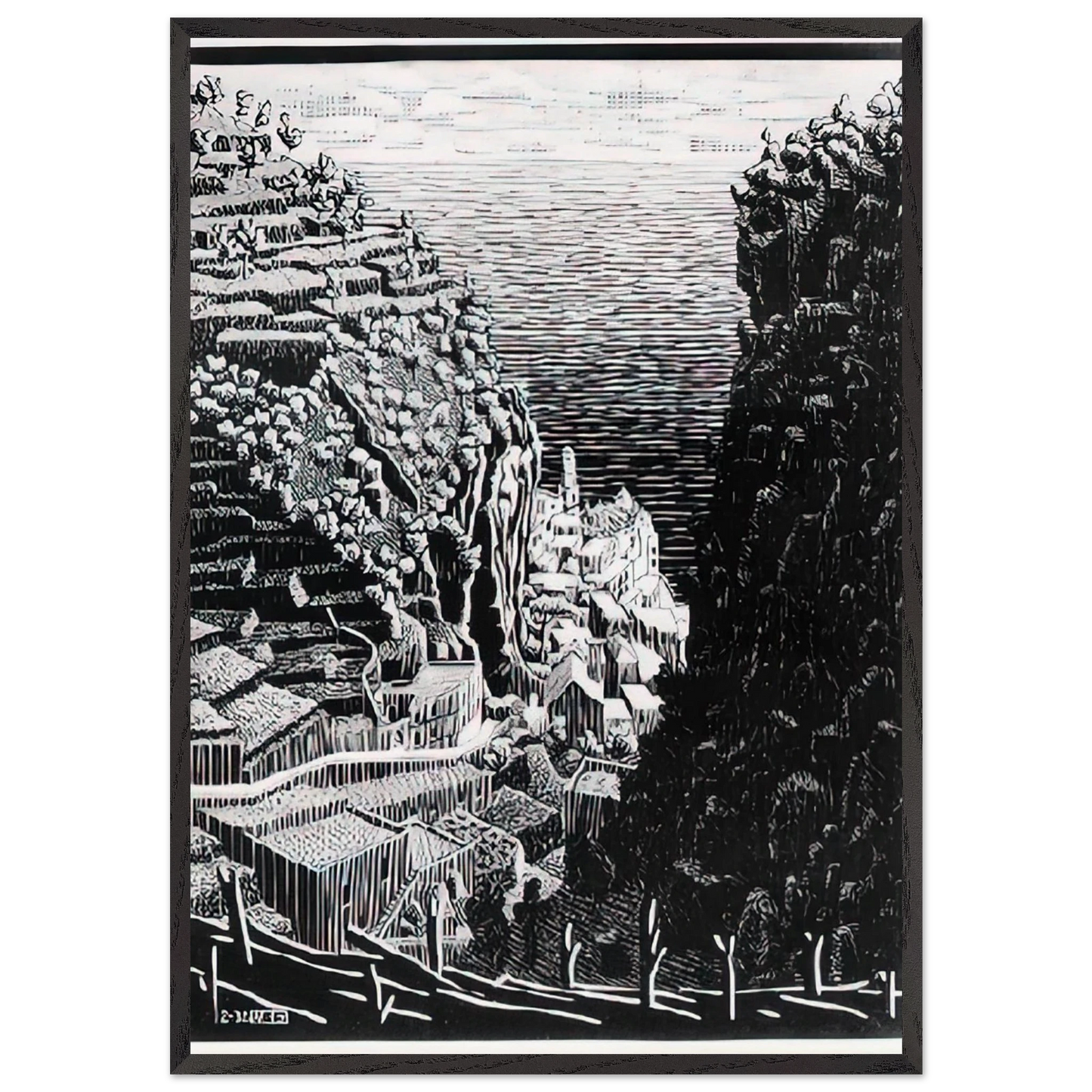 ATRANI COAST OF AMALFI 1 - MC Escher 70x100 cm / 28x40 inches Framed Art Print – Black Wooden Frame | Maurits Cornelis Escher Prints