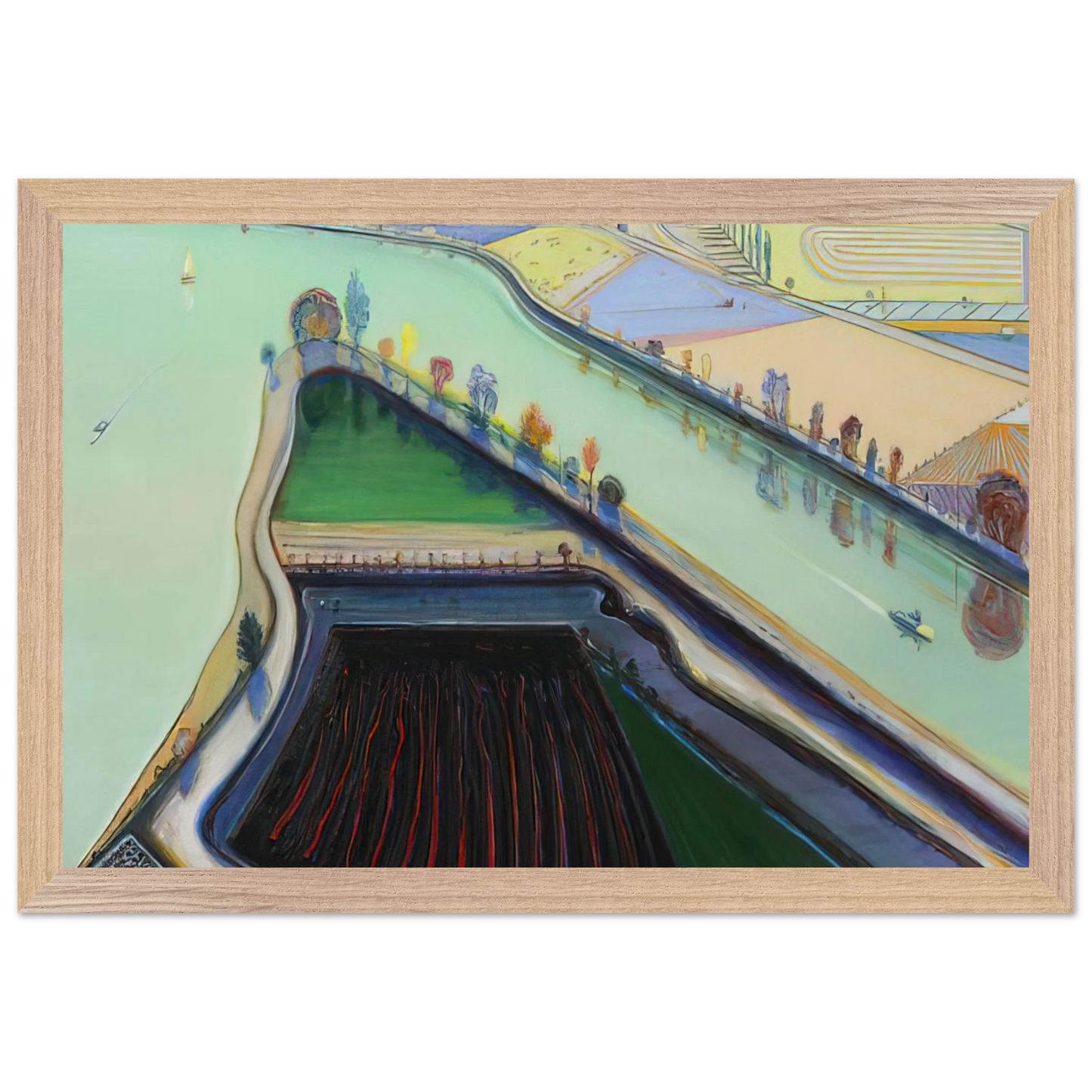 Wayne Thiebaud - River Boats - 2001 Wall Art - 30x40 cm / 12x16 inches - Premium Wooden Framed Poster With Fine Art Paper-canvas - Black frame