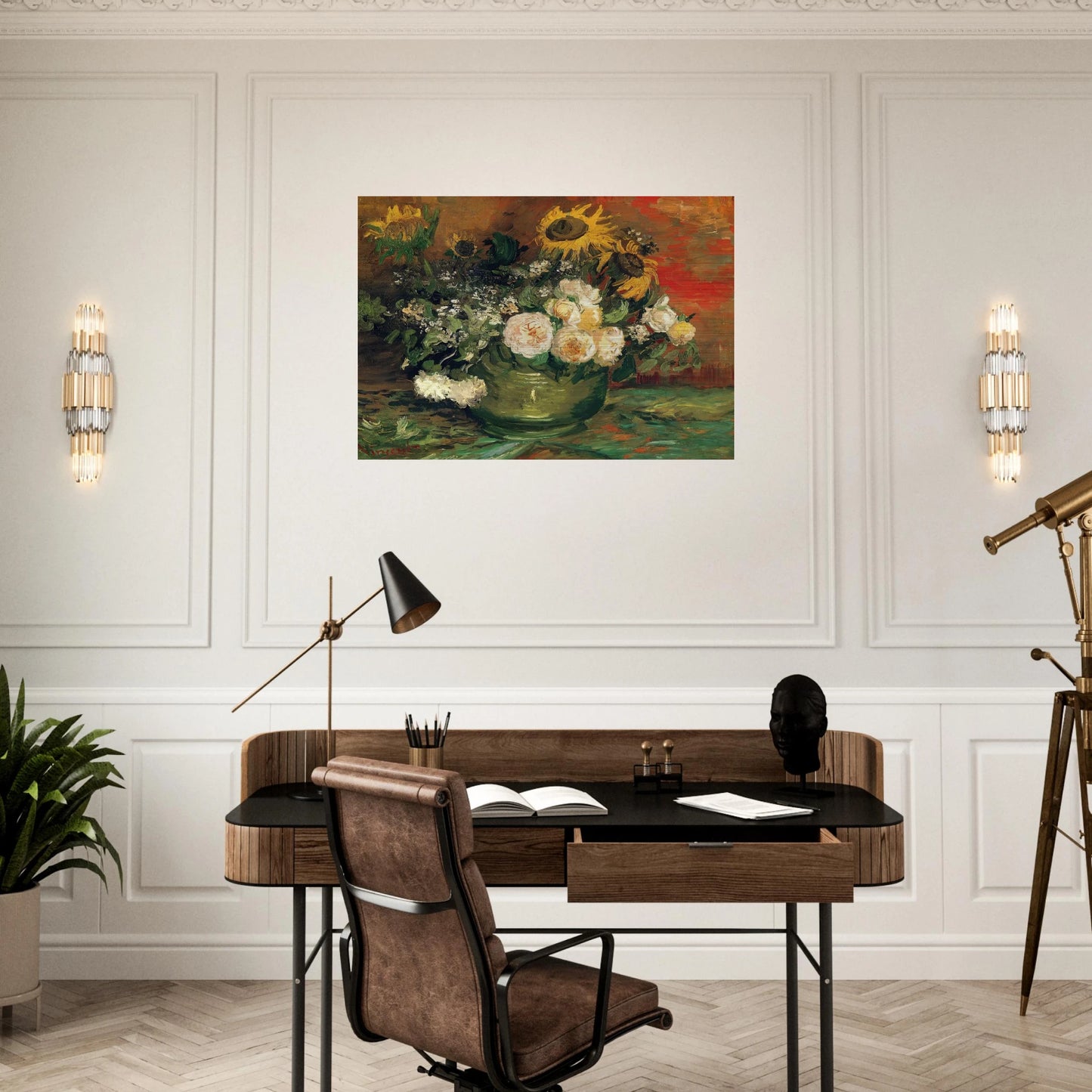 Still Life with Roses and Sunflowers - Vincent van Gogh Brushed Aluminum Print - 70x100 cm / 28x40 inches | Vincent van Gogh Aluminum Print | Vincent van Gogh Prints